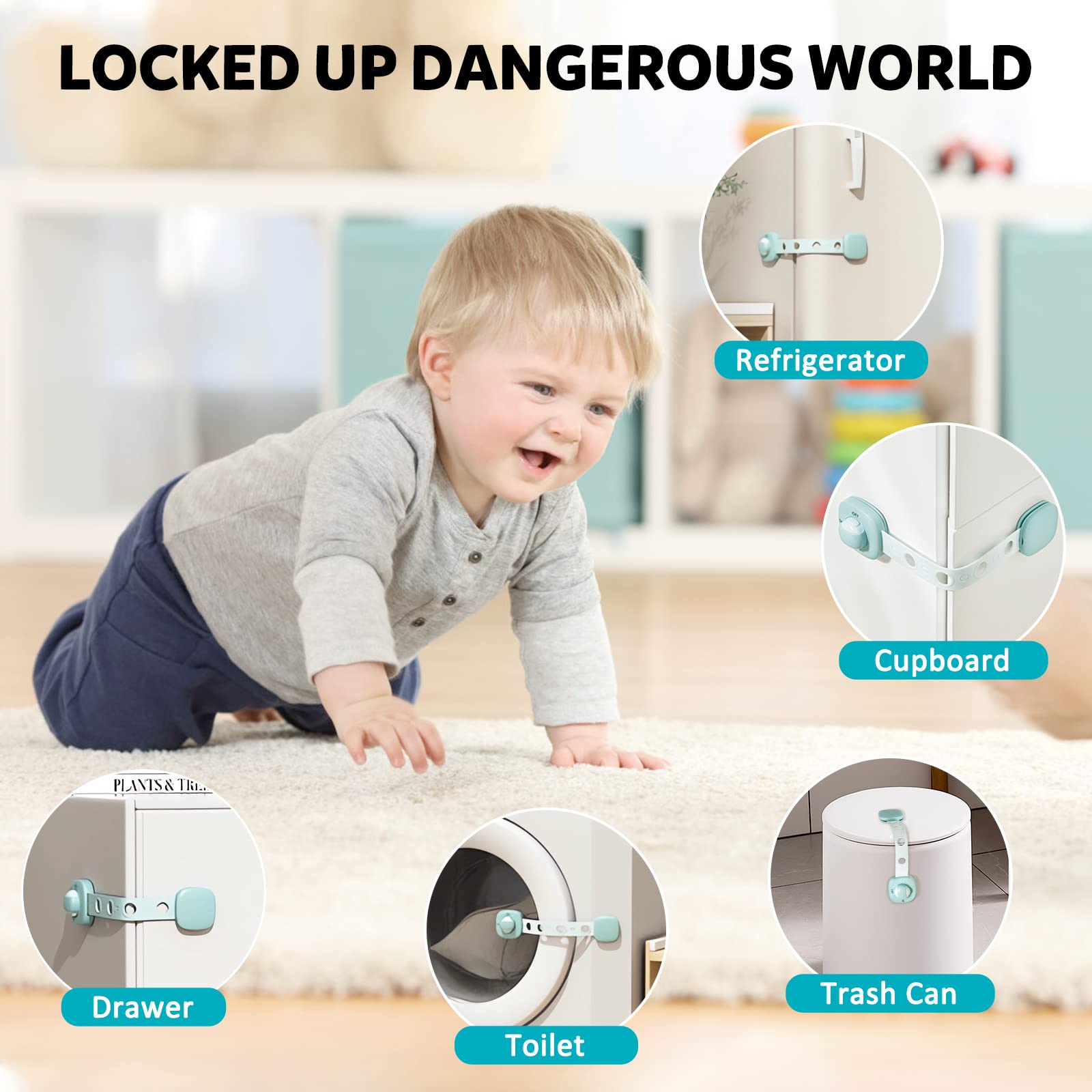 Vinabo Bloc Porte Securite Bebe, 6 pcs Bloc Placard Bebe Réglables, Securite Placard Enfant pour Tiroirs, Placards, Réfrigérateurs, Serrures de Sécurité pour Enfants, Blue (Lot de 5)