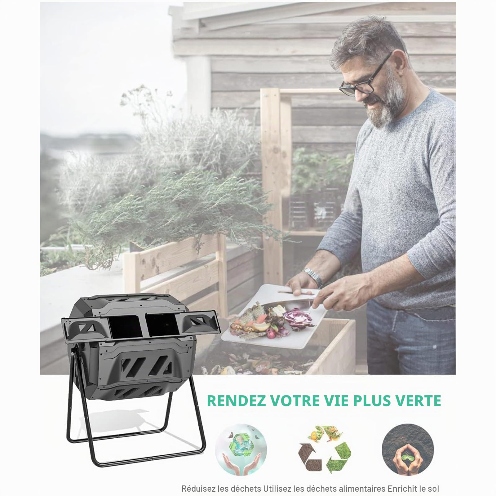 SQUEEZE master Composteur rotatif à double chambre de 160 L – Composteur de jardin rotatif robuste, compostage plus rapide avec une meilleure circulation de l'air, gobelet à compost rotatif pour