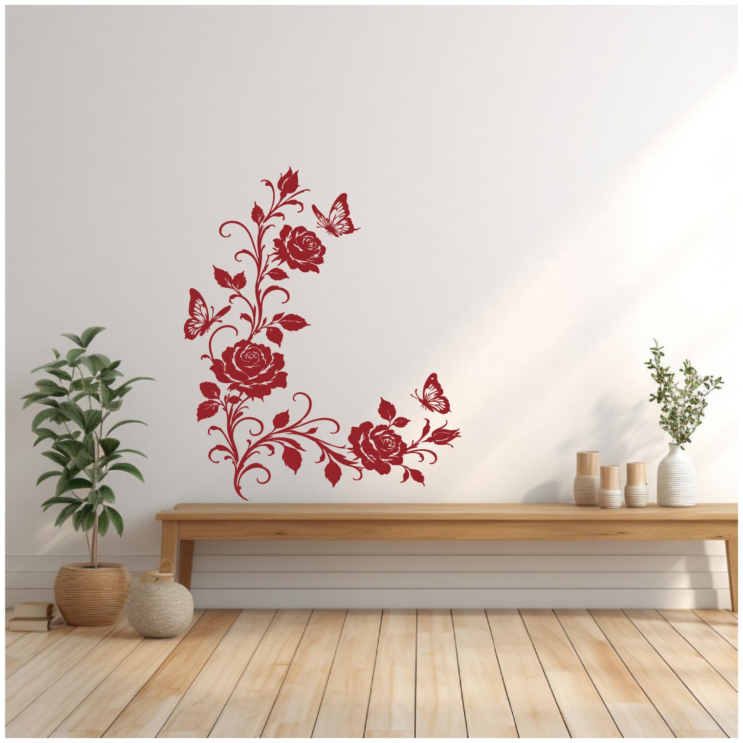 Samunshi® Wandtattoo Rosen Blumenranken Ecke mit Schmetterlingen Elegante Blumen Wanddekoration Florales Wandmotiv für Wohnzimmer, Schlafzimmer, Flur und Küche rot 89 x 120cm