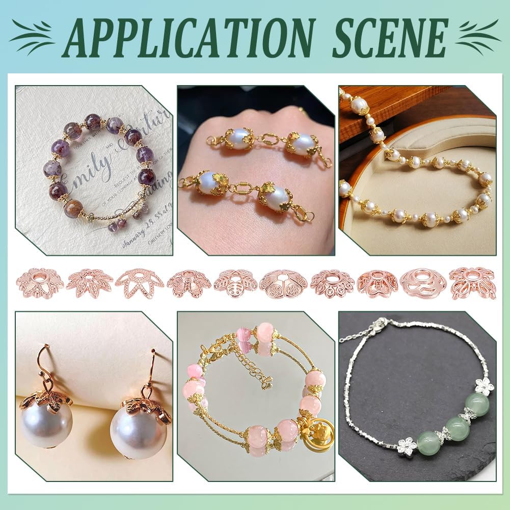 PH PandaHall 100pcs 10 Styles Bead Caps Flower Bead Caps 6/7/8mm Spacer Beads Flower Bracelet Beads Flat Spacers Rose Gold Brass Bead for Jewellery Making Friendship Bracelet Making DIY Crafts - Image 5