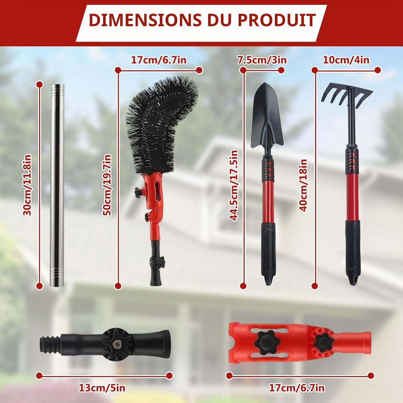 Nettoyeur de gouttières avec manche télescopique de 4 m, kit de nettoyage de gouttière télescopique 3-en-1, avec tête pivotante à 180°, râteau, pelle et brosse de gouttière pour feuilles, saleté