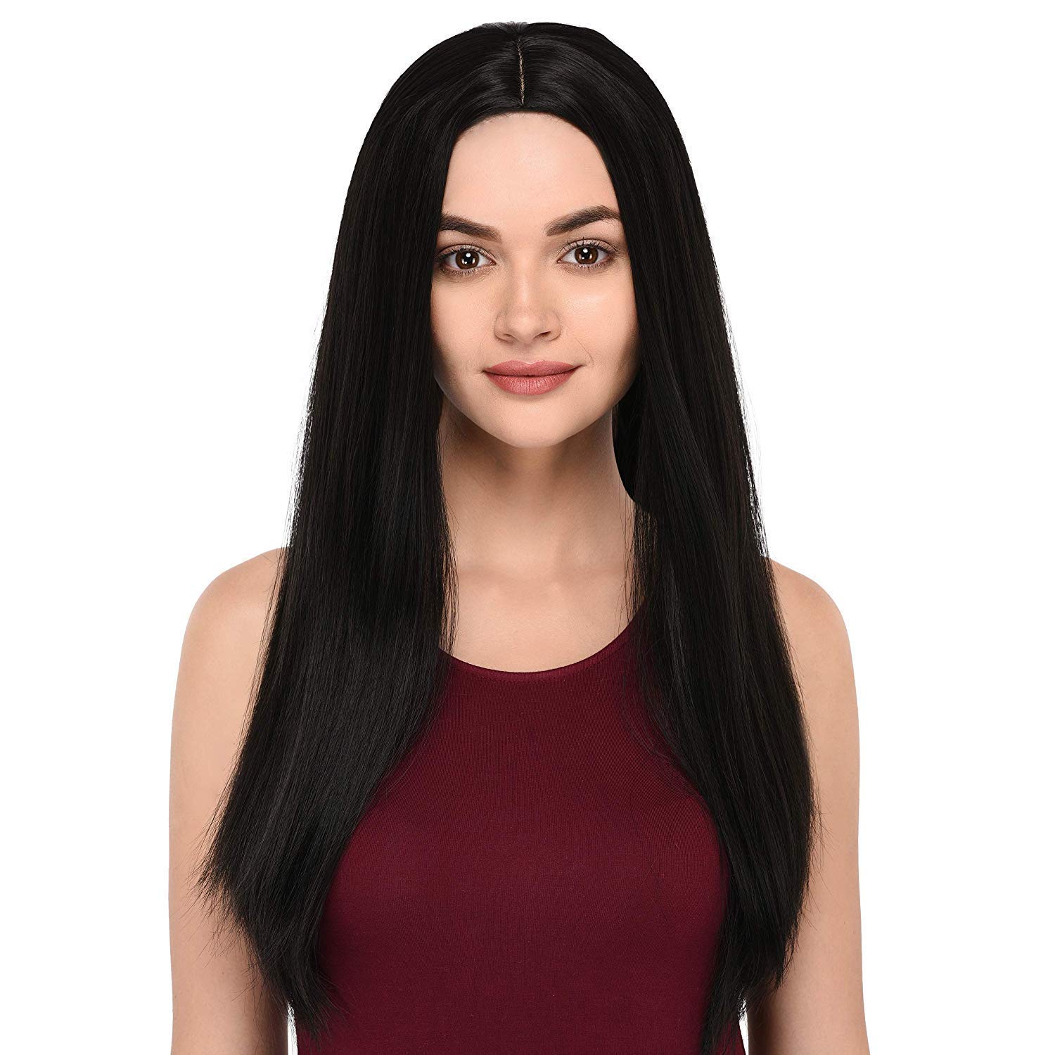 Samyak Natural looking full head long straight middle partition heat resistant wig for Women/Girls