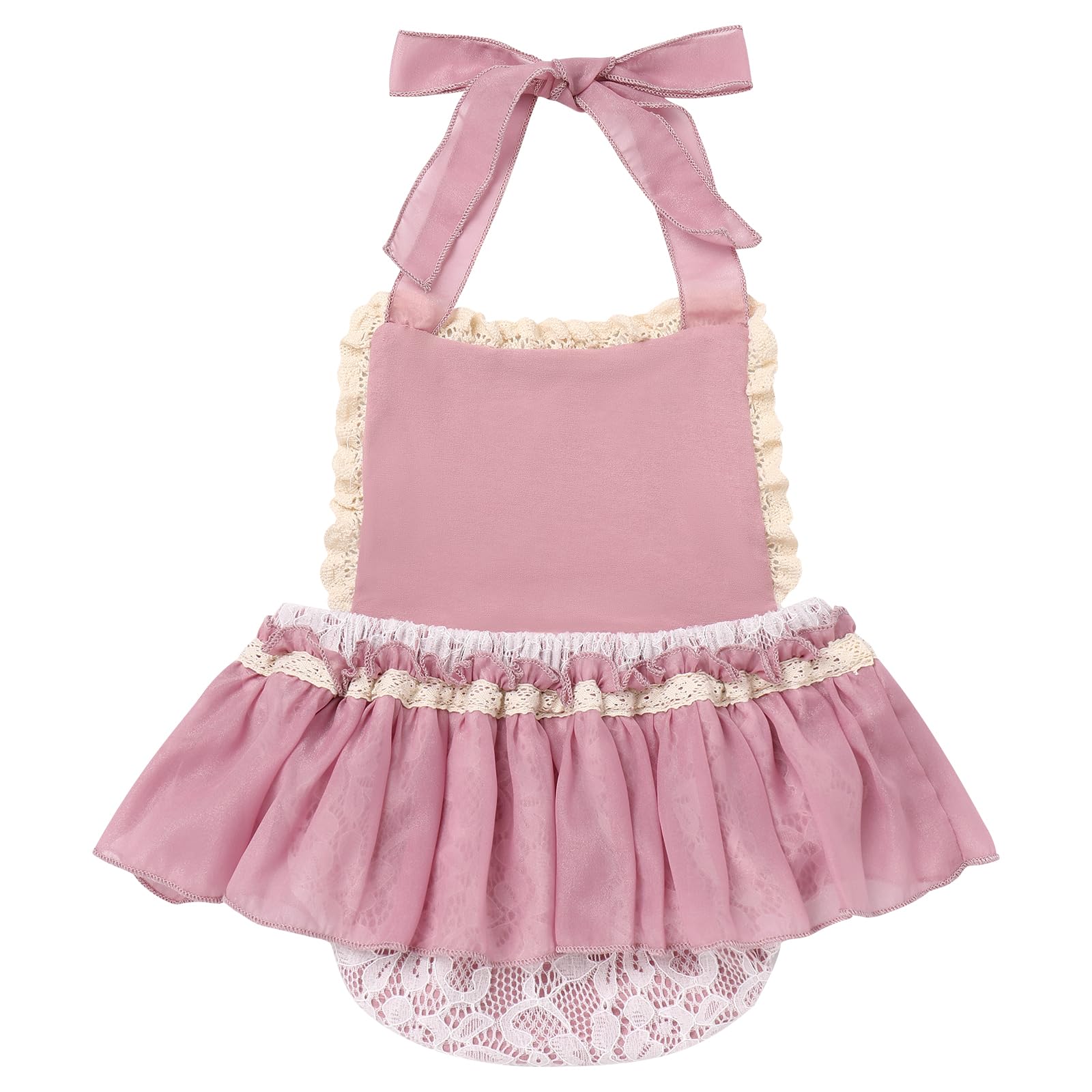 IDOPIP Baby Girls 1st Birthday Outfit Boho Floral Lace Romper Backless Bodysuit Dress with Diaper Cover Tulle Bloomers and Headband for One Year Old Cake Smash Photo Prop Dusty Pink 0-6 Months