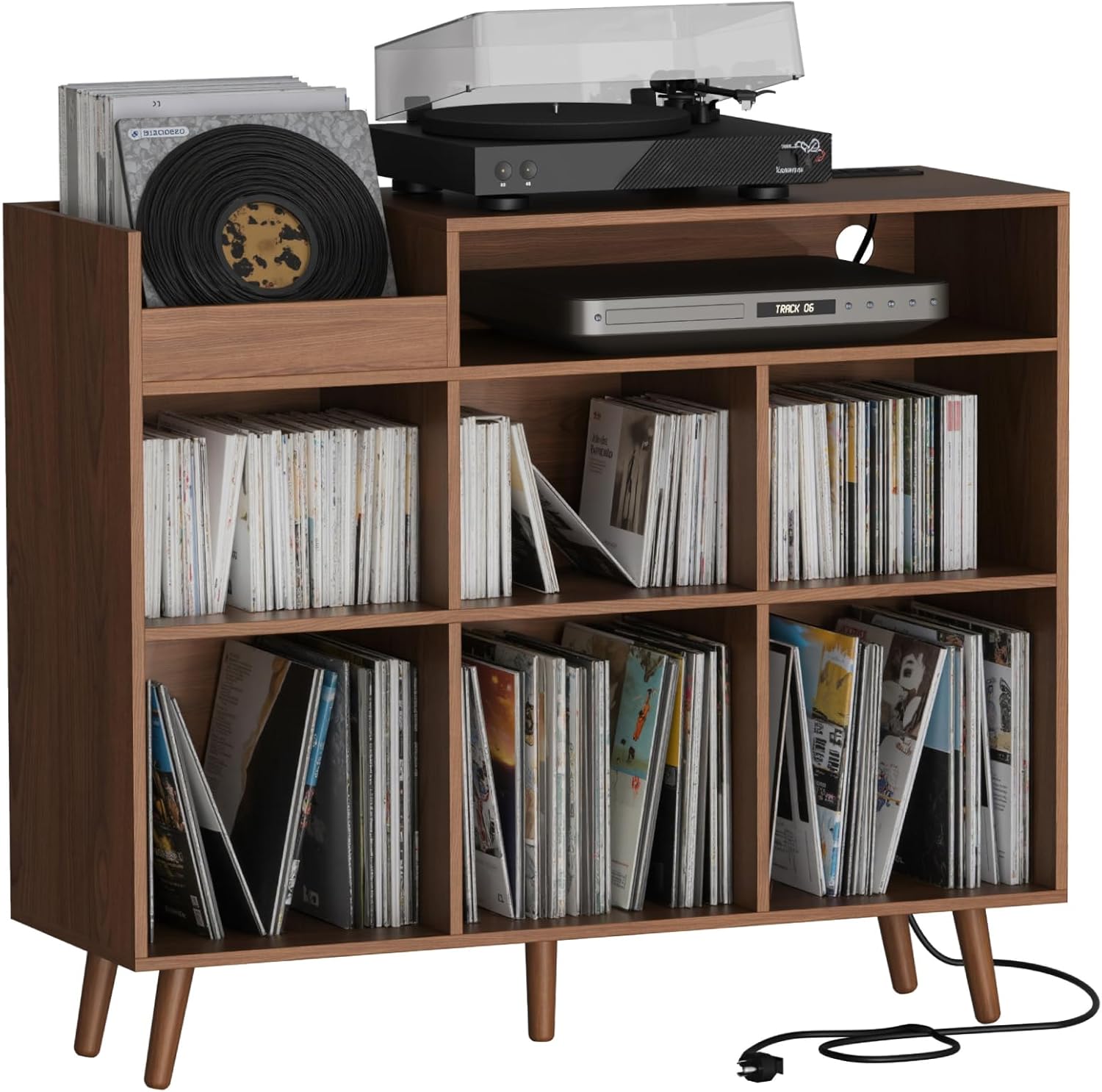 Cozy Castle Large Record Player Stand with Vinyl Storage Cabinet, Wood Turntable Table Open Shelf Holder Up to 500 Albums Cube Storage Organizer for Living Room, Office, Brown