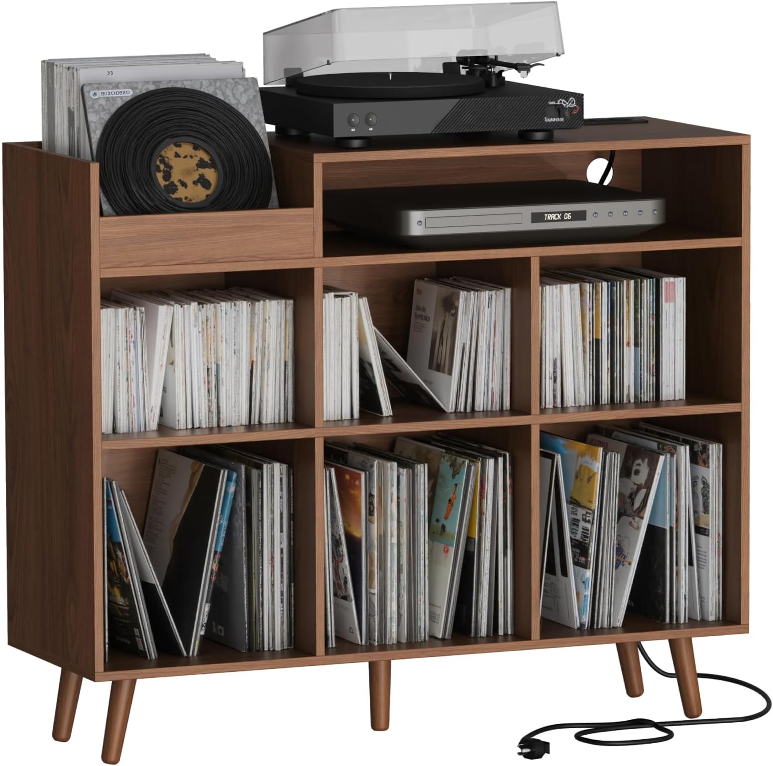 Cozy Castle Large Record Player Stand with Vinyl Storage Cabinet, Wood Turntable Table Open Shelf Holder Up to 500 Albums Cube Storage Organizer for Living Room, Office, Brown