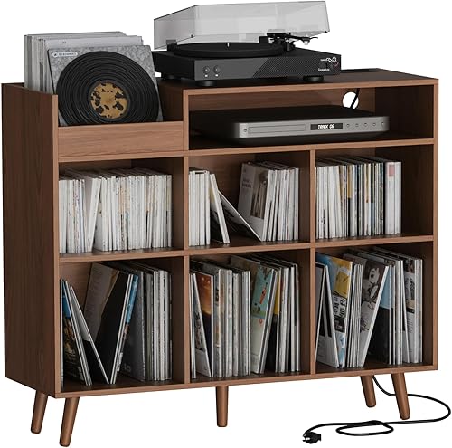 Miniatura 13 de Cozy Castle Soporte grande para tocadiscos con armario de almacenamiento de vinilo, mesa giratoria de madera, soporte abierto para hasta 500