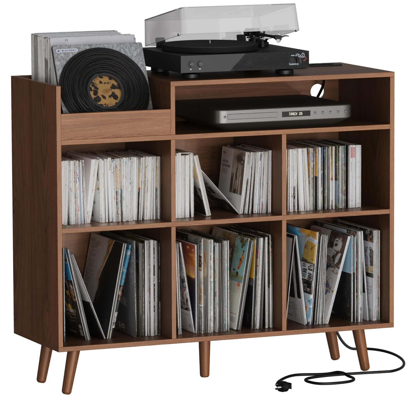 Cozy Castle Large Record Player Stand with Vinyl Storage Cabinet, Wood Turntable Table Open Shelf Holder Up to 500 Albums Cube Storage Organizer for Living Room, Office, Brown