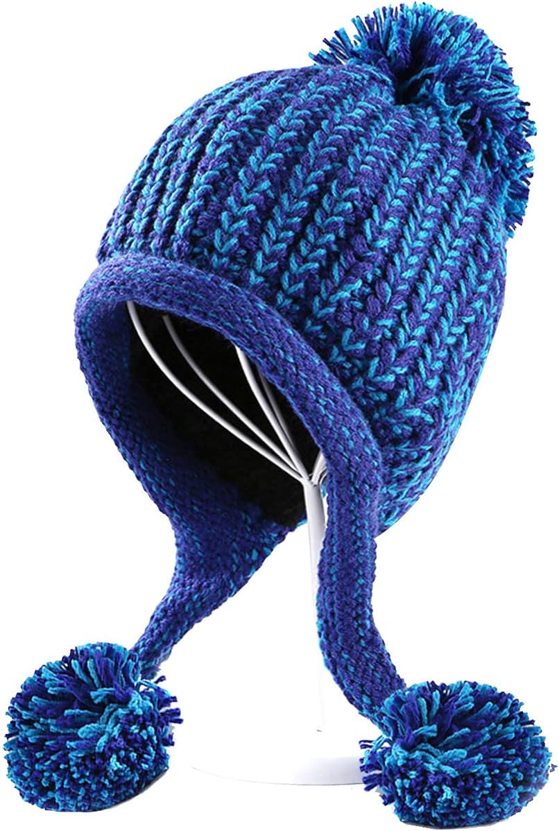 Women Winter Peruvian Cover Ears Beanie Hat Ear Flaps Sherpa Ski Snow Hats Knit Fleece Lined 3 Pom Pom - Image 6