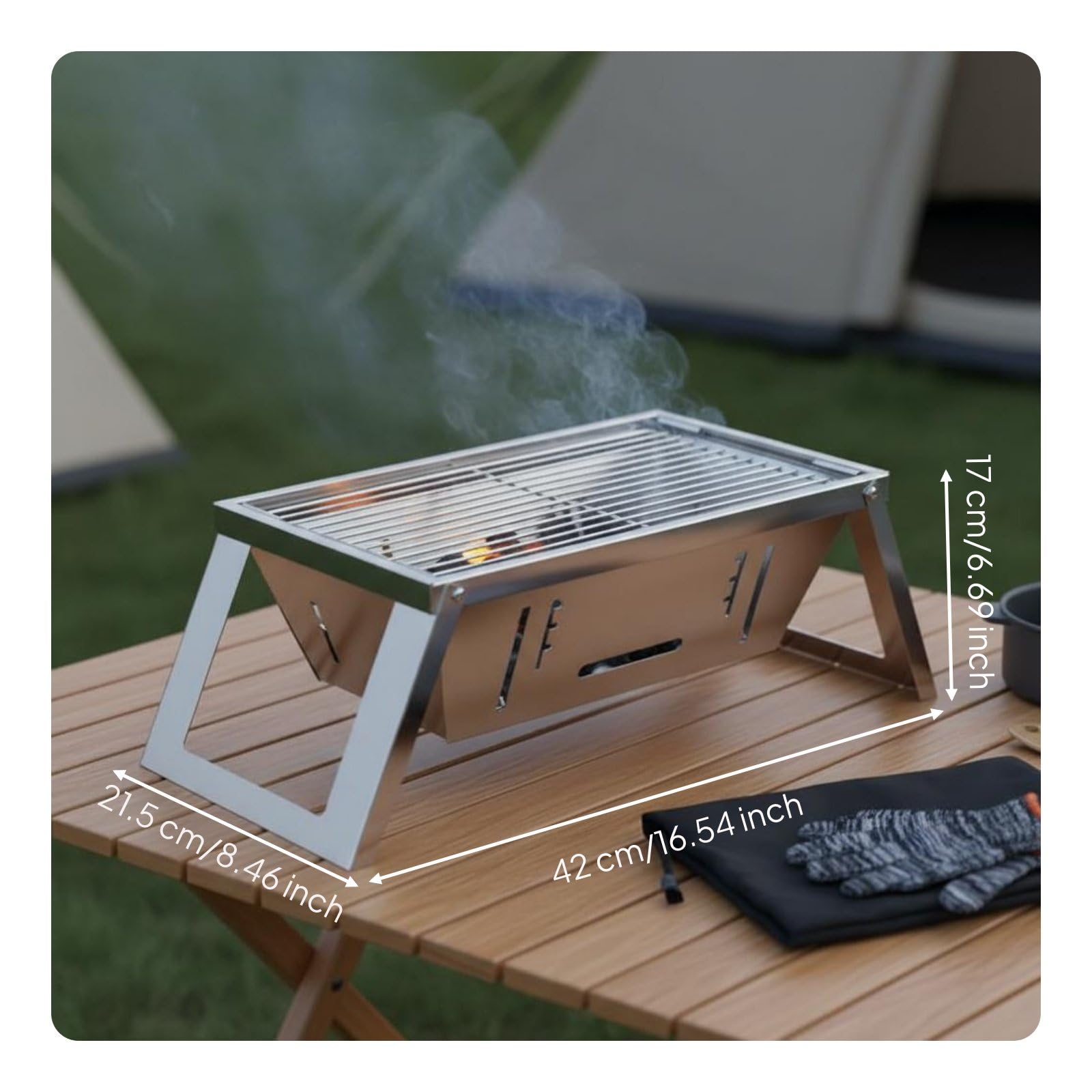 perfeclan Parrilla de Barbacoa Plegable Portátil Parrilla de Carbón Asador de Mesa Brasero Estructura Unificada Montaje en Segundos Adecuada para Camping Picnic Reuniones en el Jardín, L, Simple