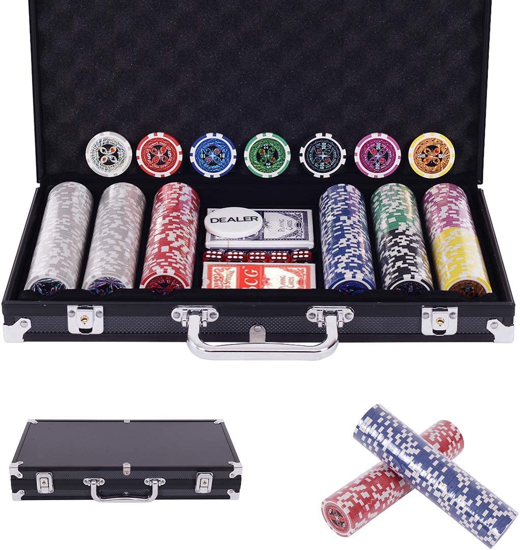 COSTWAY Zestaw żetonów pokerowych z 300szt laserowych żetonów (11,5 grama), karty pokerowe, 5 kości, aluminiowe etui do Texas Holdem, Blackjack, Roulette