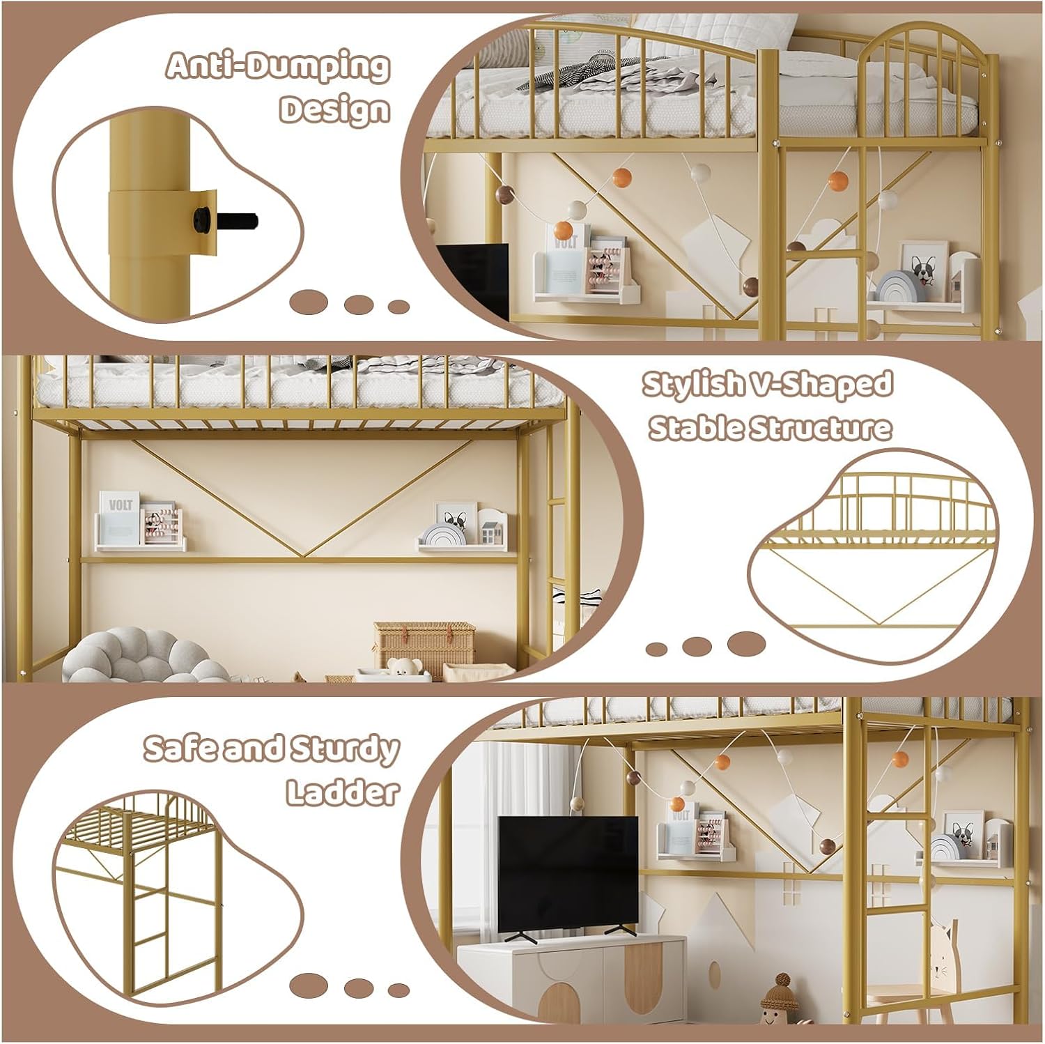 GAOMON Loft Bed Twin Size withFlat Ladder Rung, Arched Safety Guardrail, Metal Loft Bed Frame, Sturdy Steel Slats Support, Small Space Saving Design, No Box Spring Needed,for Kids Teens Adults, Gold