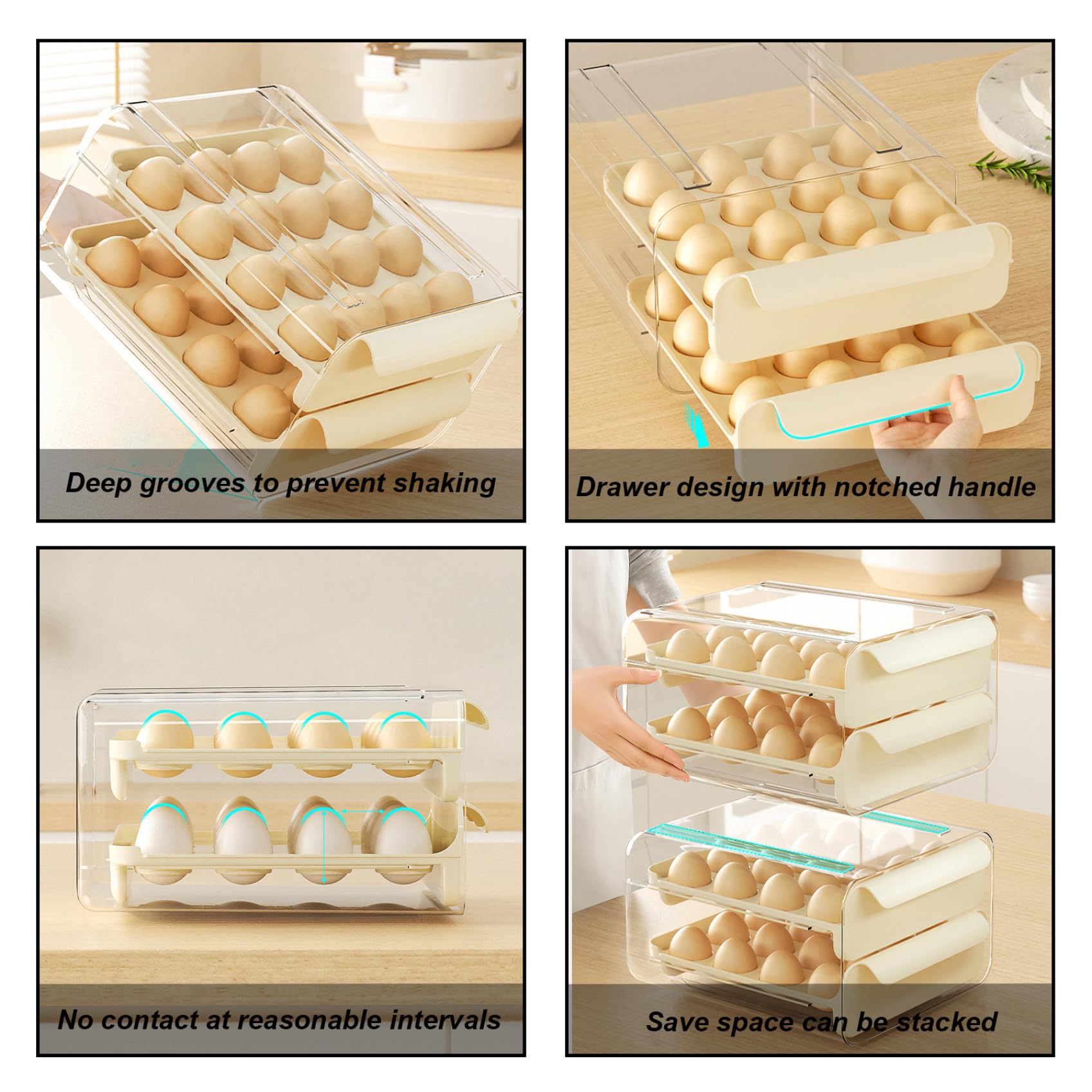 Almacenamiento de huevos para el refrigerador, 2 capas 32 cuadrículas de huevo con manijas, recipiente de almacenamiento de plástico transparente apilable y ahorrable para el refrigerador.