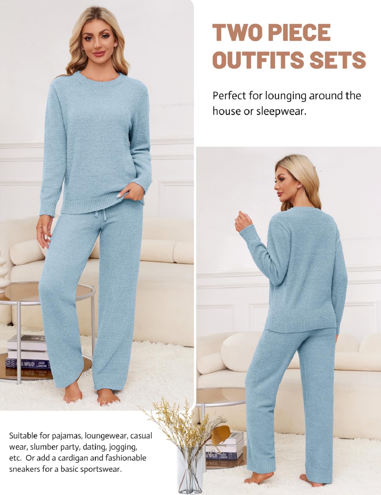 Ensemble de pyjama 2 pièces en polaire pelucheuse pour femme - Ensemble de détente chaud à manches longues en tricot - Pull et pantalon
