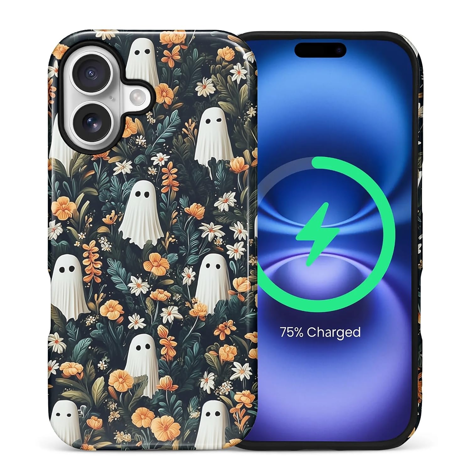 for iPhone 17 Case for Women Girl Men Boy, Compatible with MagSafe, Shockproof Soft Silicone & Hard PC Shell Protective Case for iPhone 17 - Spooky Halloween Flower Ghost Spooky Halloween Flower Ghost IPhone 17