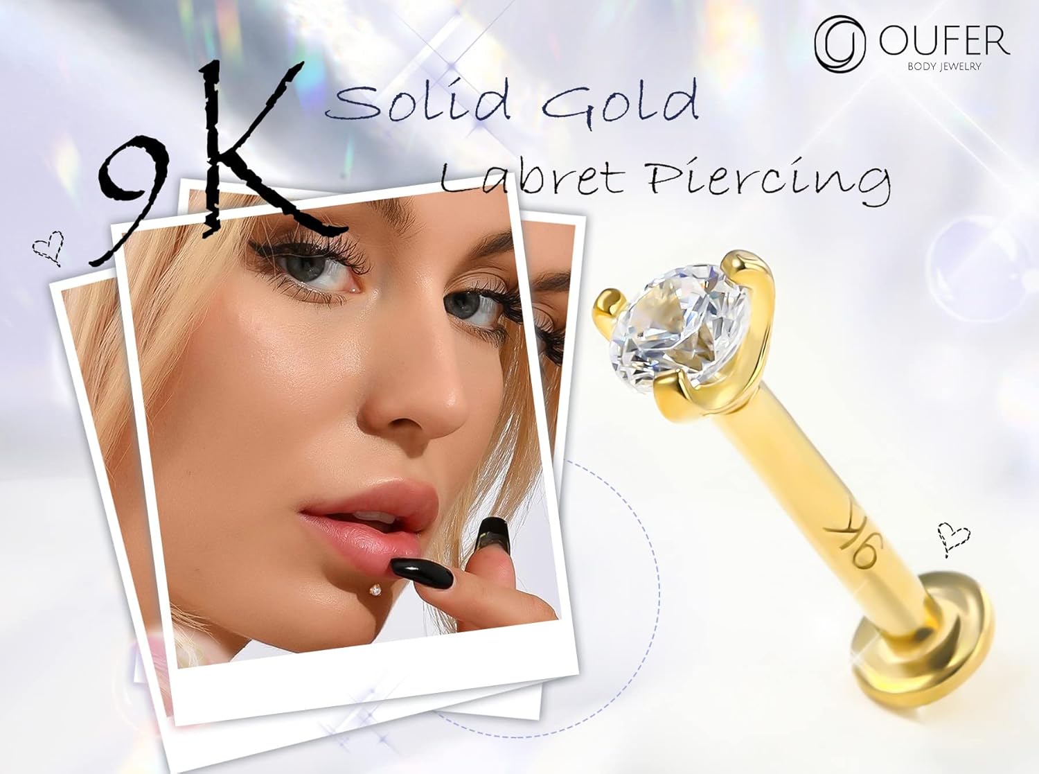 OUFER Lip Rings Stud, 16G 14K Solid Gold Internally Thread Lip Piercing Jewelry, Clear CZ Helix Tragus Conch Lobe Labret Piercing Jewelry