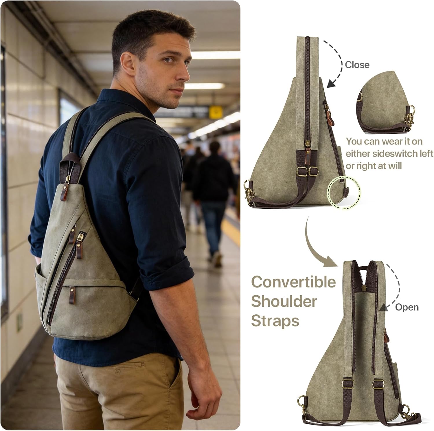 Vintage Canvas Sling Bag for Men and Women, 3-in-1 Convertible Crossbody Backpack Chest Bag with Genuine Leather Zipper, Large Capacity Travel Daypack (Army Green) - Image 3