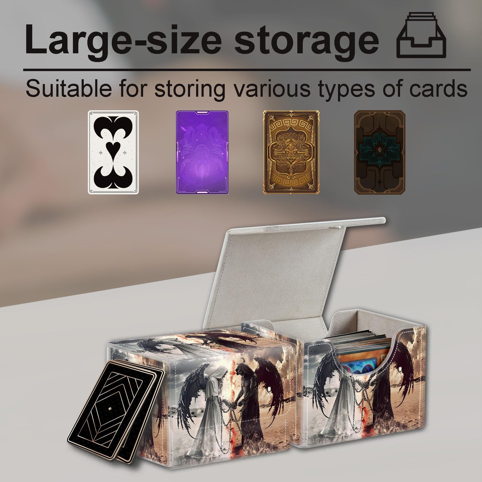 Tudguiloae High-Capacity Art Deco Card Deck Box - Ideal Trading Card Game Storage Solution with Compact Size, and Easy Access - PU Leather Fits for TCG CCG Magic Cards(Dark Angel)