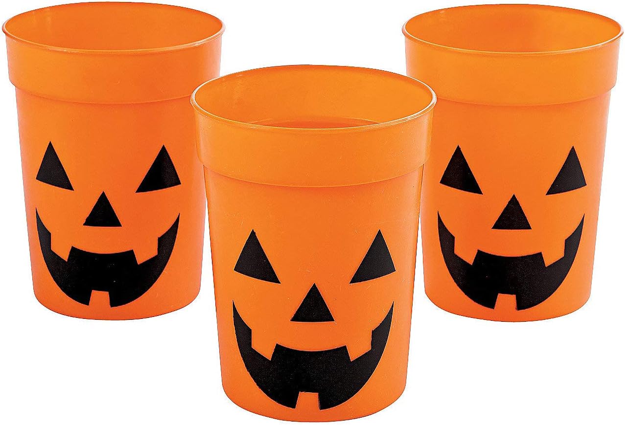 Fun Express Set of 12 Pieces Plastic Jack O Lantern Disposable Cups, Holds 10 oz, BPA Free Plastic, Halloween Party Supplies, Orange