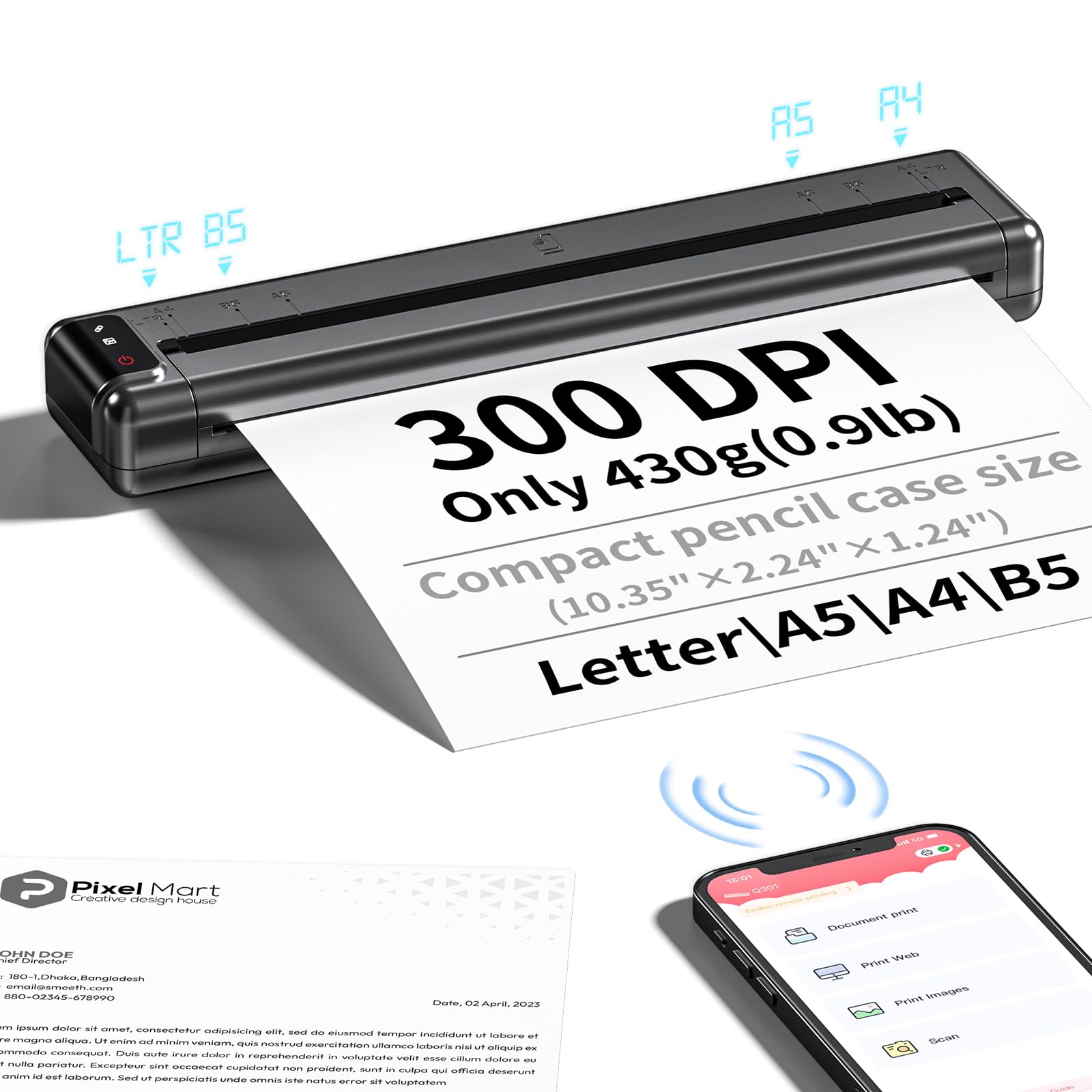 Q302 Mini Stampante Termica Portatile, 300DPI Stampante Senza Inchiostro, Supporta la Carta termica US Letter/A4/B5/A5, Connessione WiFi, Bluetooth, USB