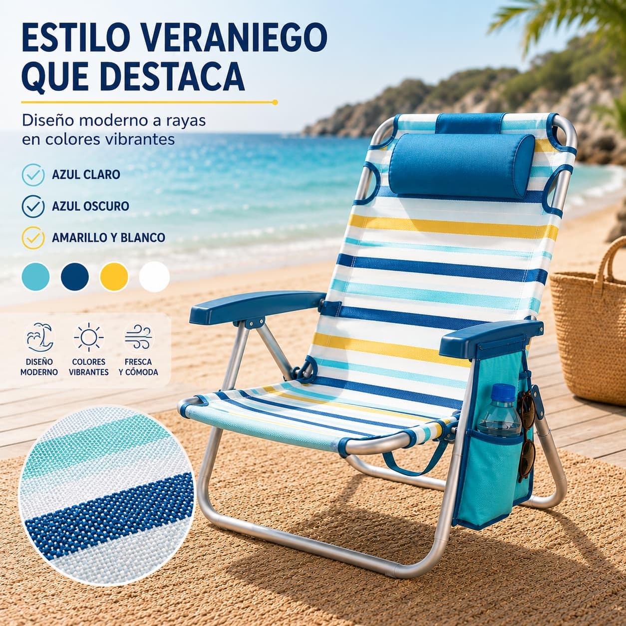 Silla Playa Plegable multiposición - con reposacabezas, Almohadilla y Bolso Lateral - Estructura de Aluminio Ligera y Tela Transpirable - Asas de Mano integradas