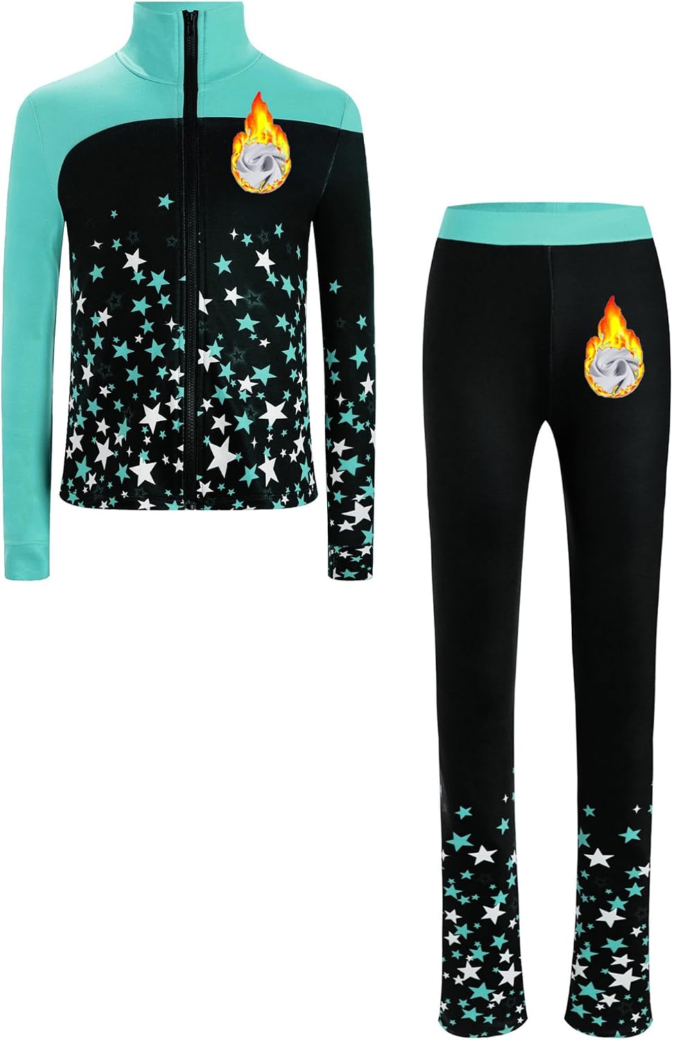 Kids Girls Fleece Figure Sating Outfits Printed Practice Skating Jacket with Athletic Leggings Set