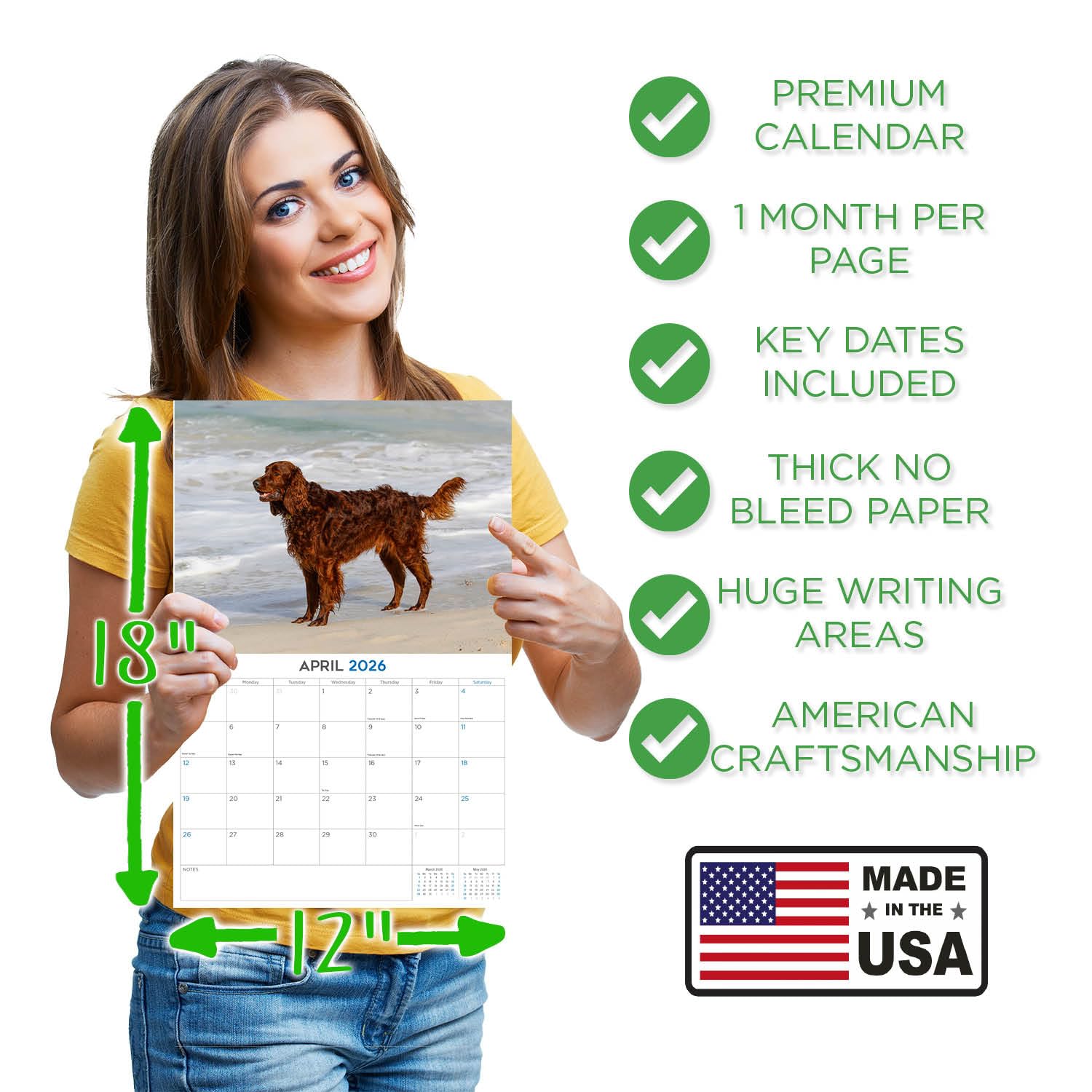 2025 2026 Calendario Setter Irlandese - Calendario da Parete Mensile della Razza di Cane - 30,5 x 45,7 cm Aperto - Carta Spessa Senza Scolorimento - Regalabile - Calendario Organizzatore e