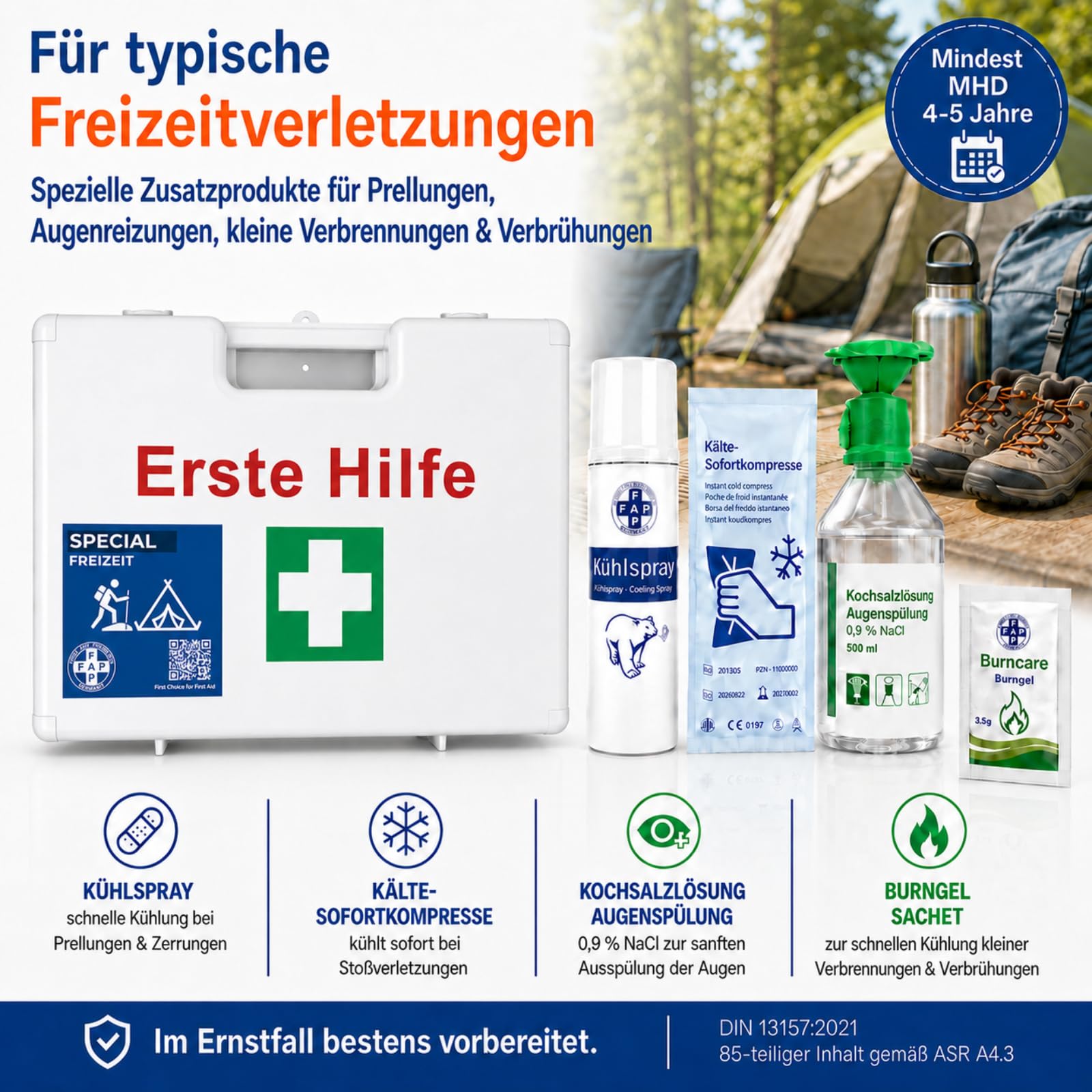 FAP Erste-Hilfe-Koffer Freizeit DIN 13157 gefüllt - Weiß | Burngel & Beatmungstuch | Camping Jugendherberge Pfadfinder Ferienlager Verein Outdoor Camp, Betriebsverbandkasten Wandhalterung -33×42×15 cm