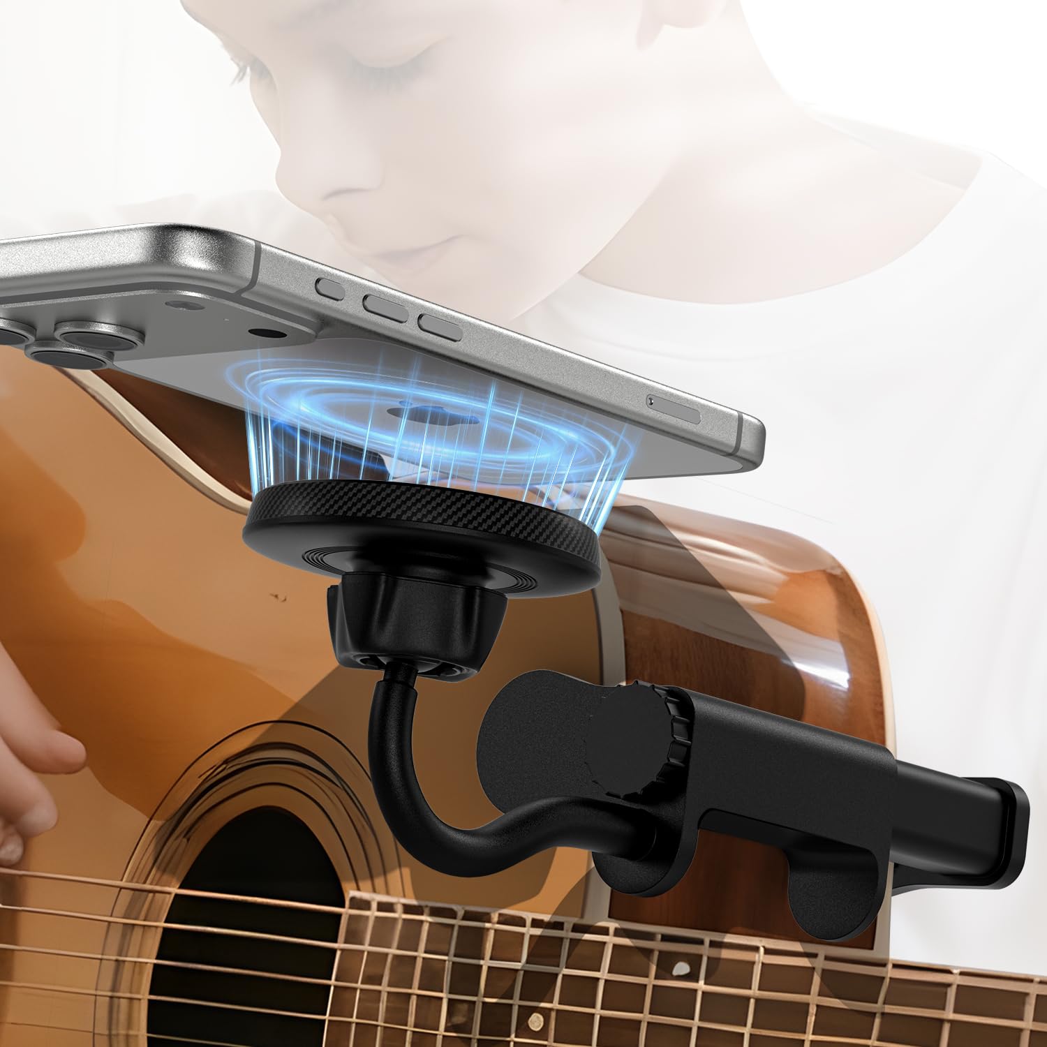 Supporto Magnetico per Telefono a Chitarra, Supporto Universale per Smartphone per Chitarra, Basso,Ukulele, Regolazione 360°, Ideale per Registrazioni Video/Streaming Live/Insegnamento Online