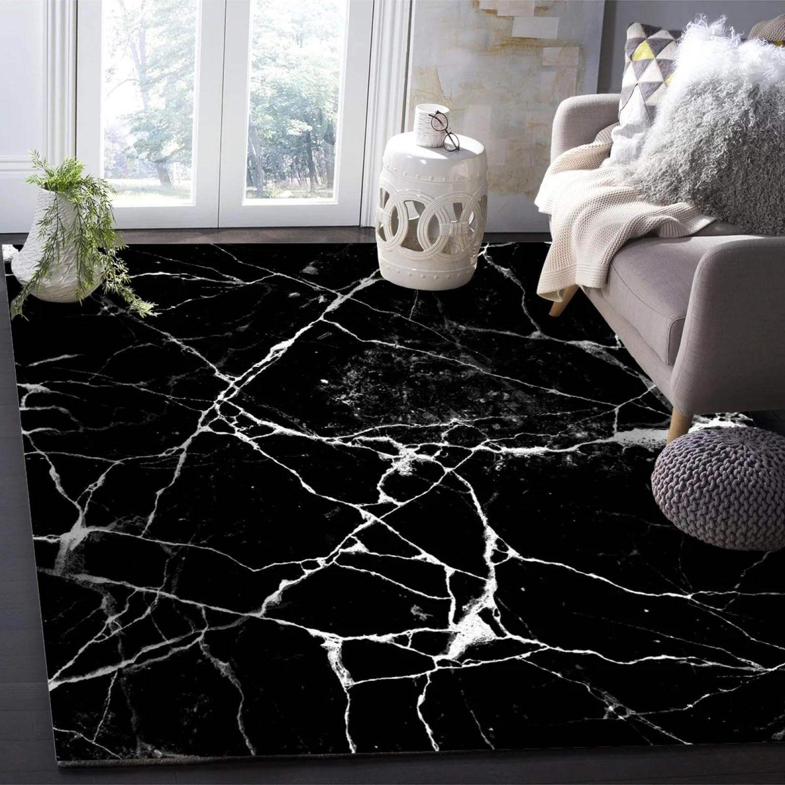 Tapis de Sol en marbre Noir craquelé Blanc, pour Salon, Chambre d'enfant, Chambre à Coucher, Chevet, Porte de Cuisine, 40x60cm