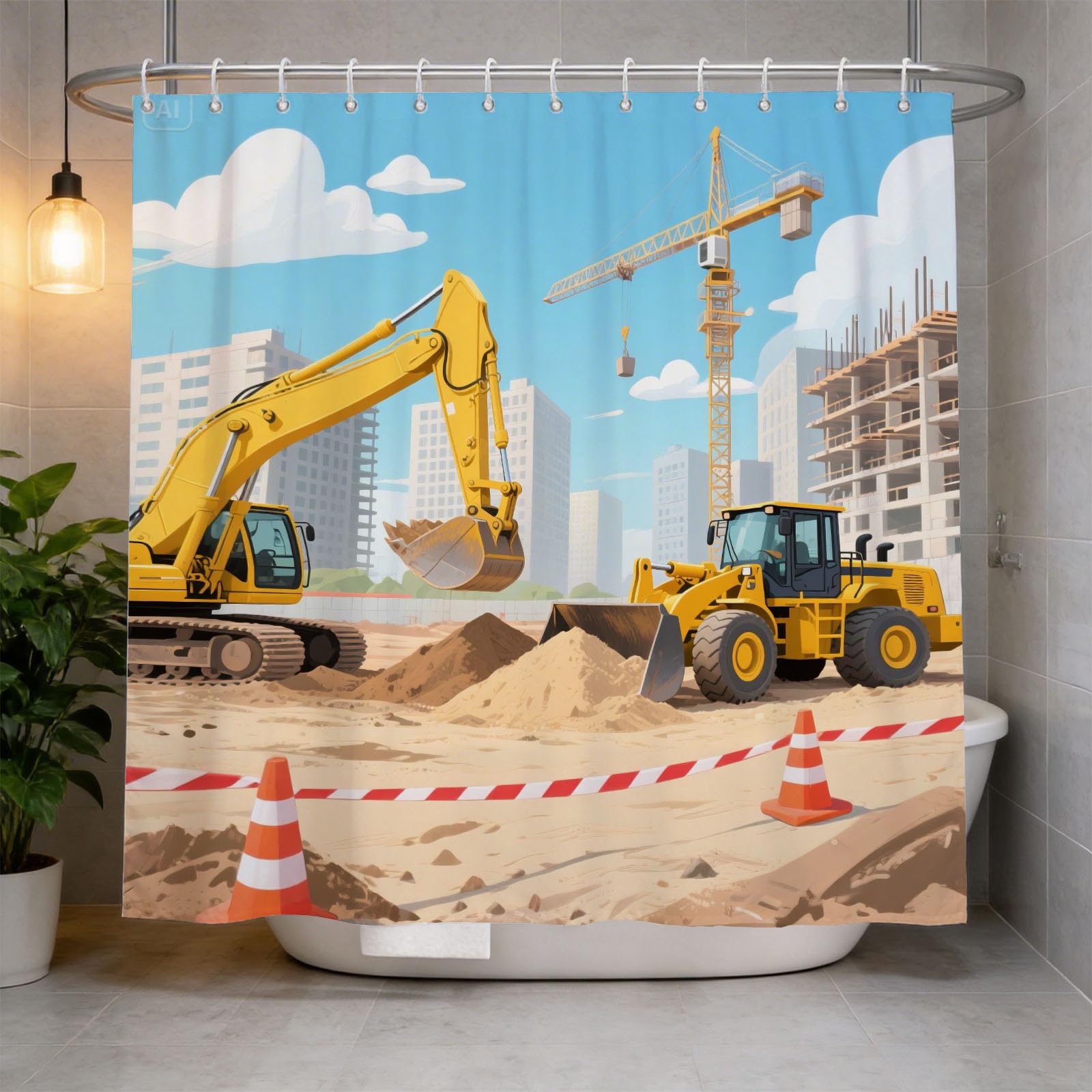Hongduo 3D Construction Shower Curtain for Stalls Bathtubs Cartoon Bathroom Decor Shower Curtain Set Polyester Fabric Waterproof 180x180cm/71X71 Inch with Hooks