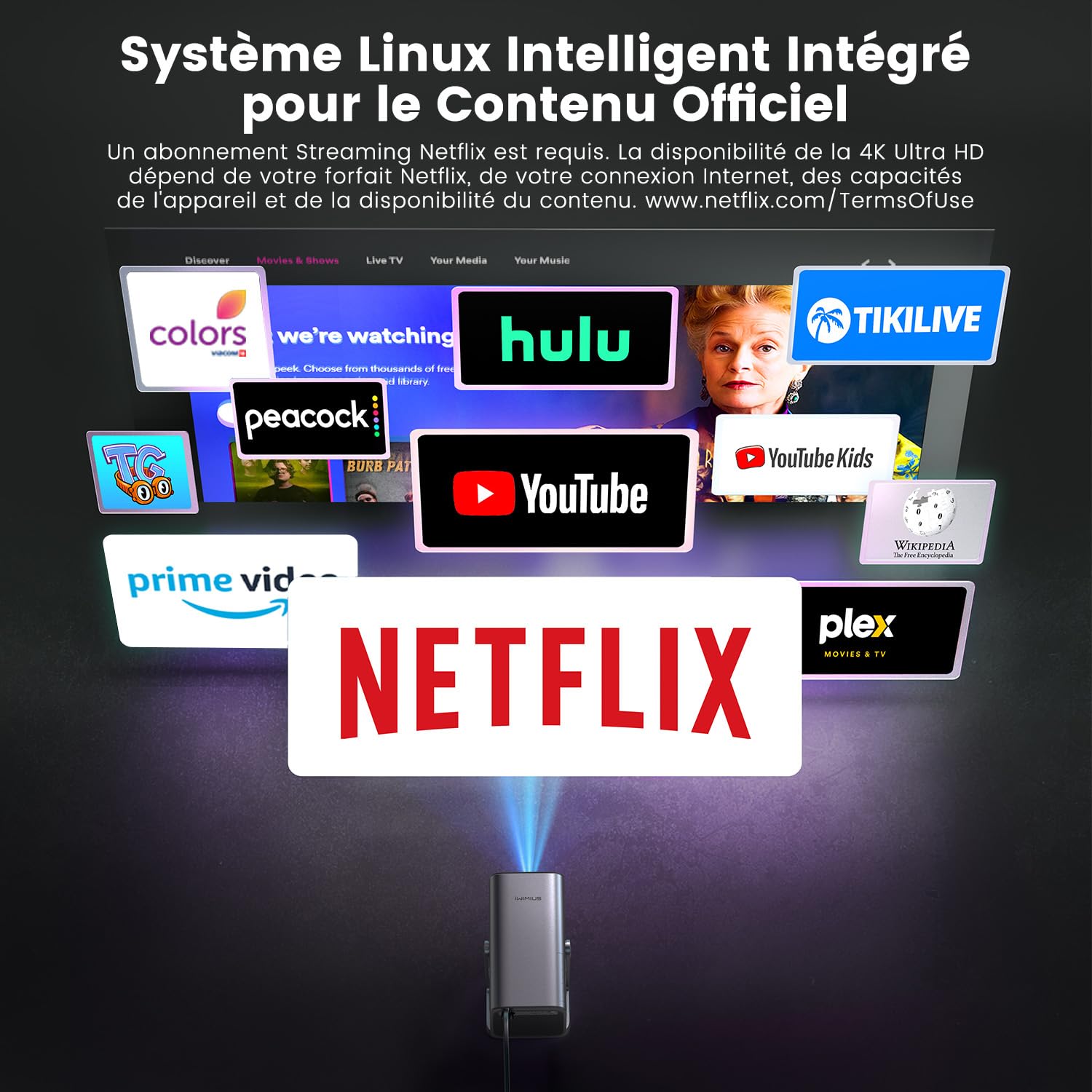Inteligentny Przenośny Projektor [Netflix Ready/Dolby Audio] 4K Full HD 1080P Kino Domowe Projektory WiFi Bluetooth Obsługuje 800 ANSI, Auto Focus & Auto Keystone Verticale