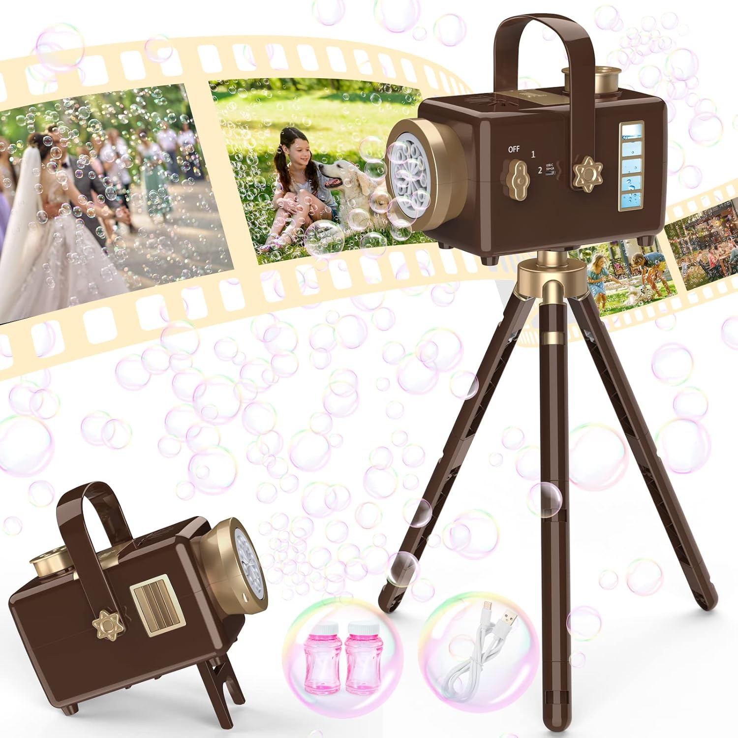 Not tested- Bubble Maker with Bubble Solution: 1500mAh Powerful Electric Bubble Blower with 2 Speed Levels Generates 7500 Bubbles per Minute, Retro Design Rechargeable Bubble Maker for Wedding|Party Brown