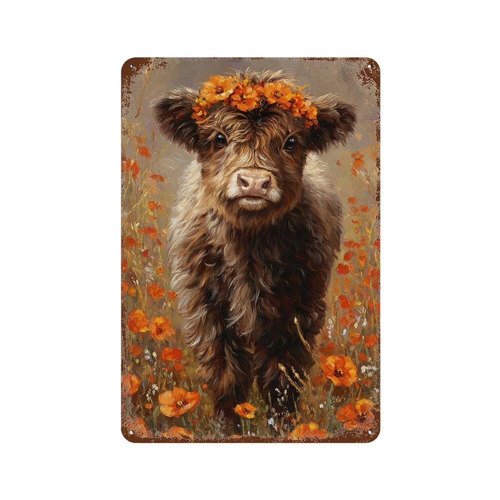 Floral Cow in Field -1 Rust Effect Tin Sign 11.8"x7.9", Industrial Home Decor for Basement, Hobby Room And Garage Decor
