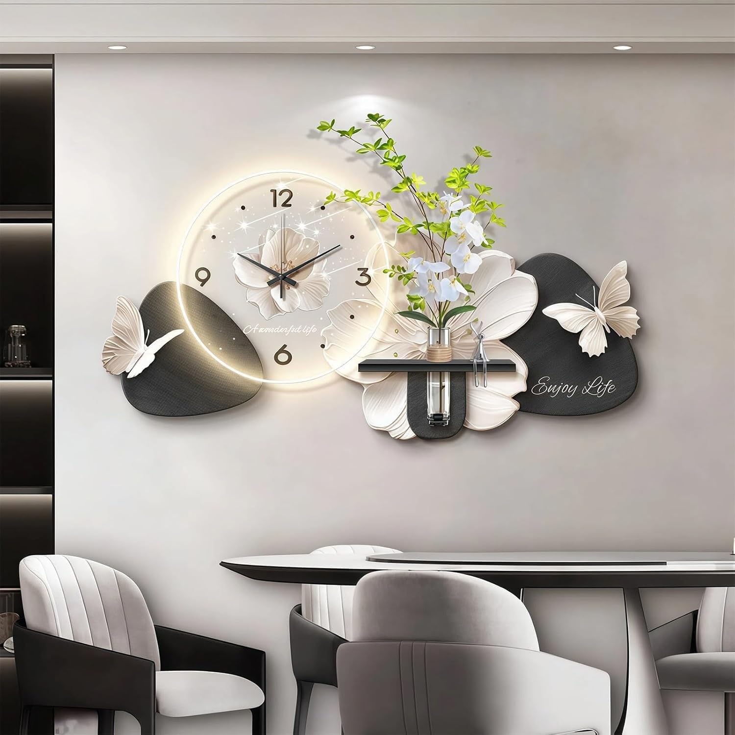 Horloge murale LED mouvement silencieux fleur papillon décoration d'intérieur