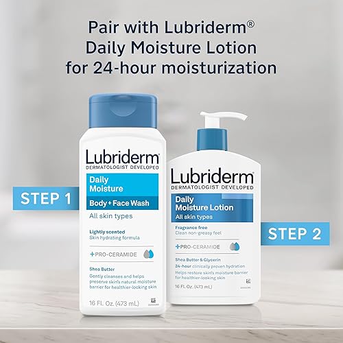 Miniatura 6 de Lubriderm Daily Moisture Body + Face Wash, gel de baño hidratante + limpiador facial hidratante con proceramida y manteca de karité para limpiar