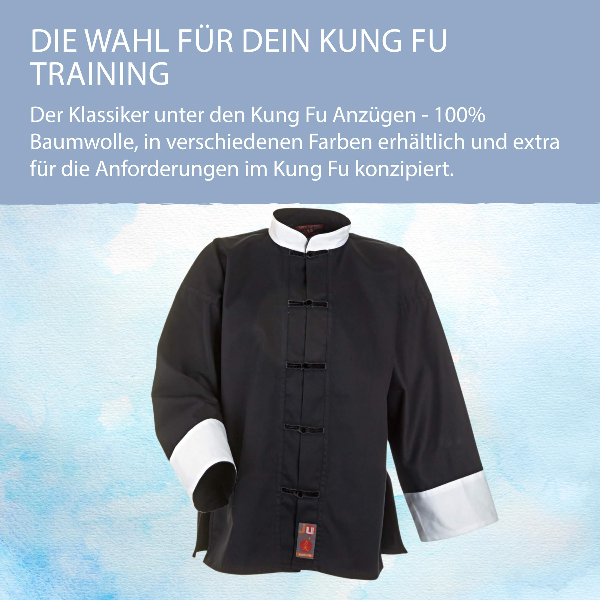 Ju-Sports Kung Fu Anzug Schwarz/Weiß, 100% Baumwolle, klassischer Schnitt, Kampfanzug mit Kordelknöpfen & Elastikbund