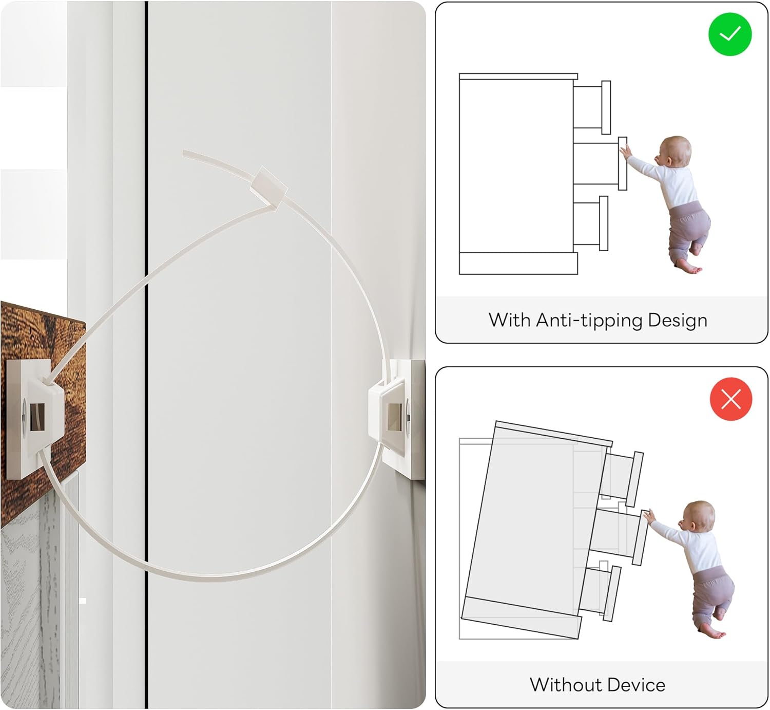 Diagram showing proper installation of anti-tip safety device and the danger of not using it