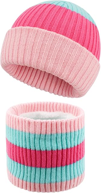 QKURT Kids Winter Knitted Hat and Scarf Set, Double layer Thickening Soft Warm Knitted Beanie Hats Neck Warmer with Fleece Lining Set for 2-8 Years Boys Girls