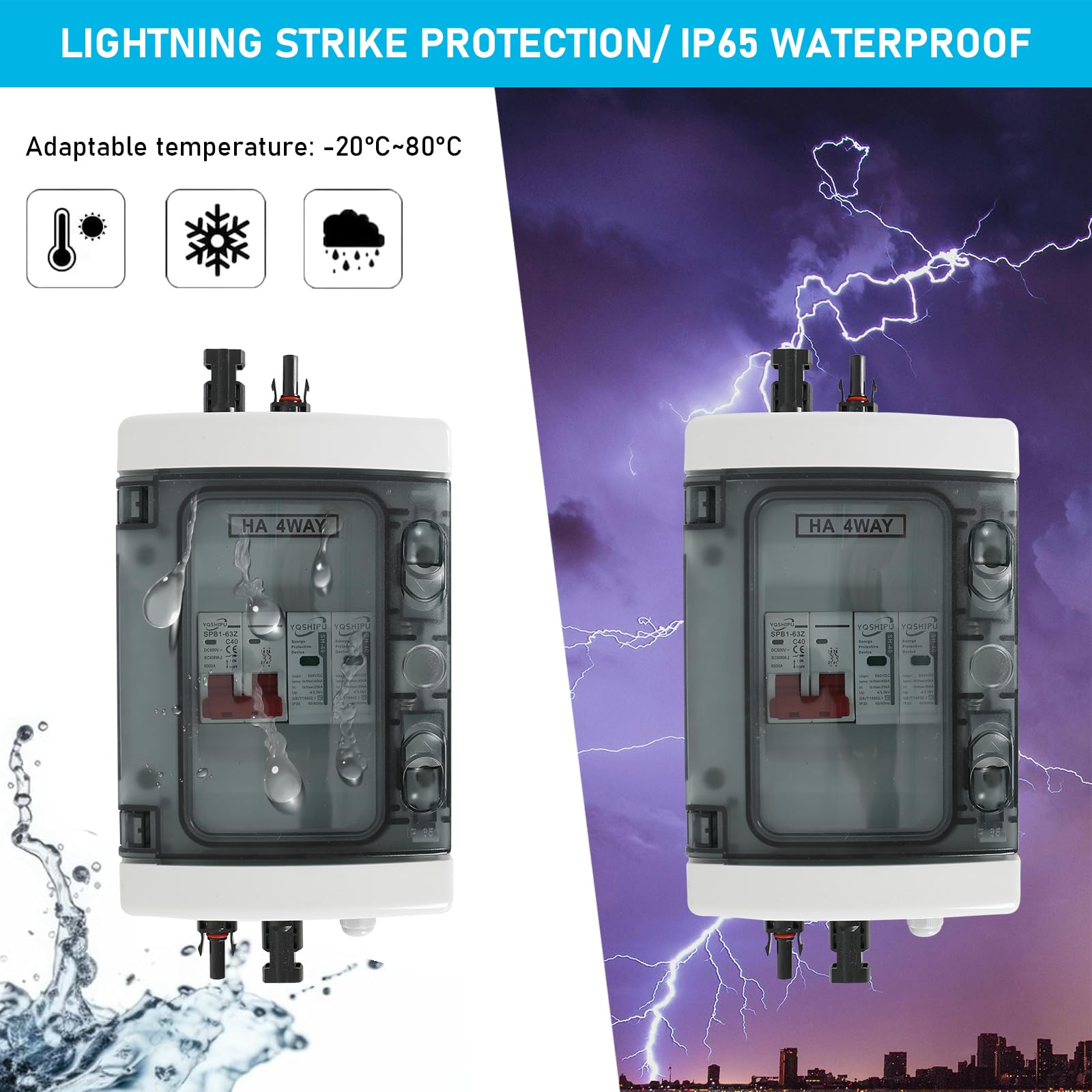 Protección Contra Sobretensiones Fotovoltaica, Disyuntor CC 40 A/1000V, Disyuntor de Protección contra Rayos(1 In 1 Out), Caja de Conexión Solar Fotovoltaica IP65 a Prueba de Agua