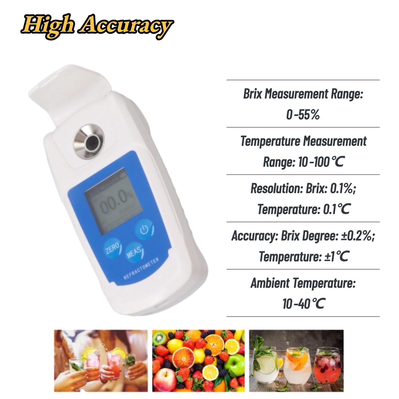 Refractómetro Digital Brix, Velocidad de Medición Rápida Alta Precisión 0-55% Pantalla Retroiluminada HD Medidor Brix para Frutas para Bebidas para Medir el Contenido de Azúcar