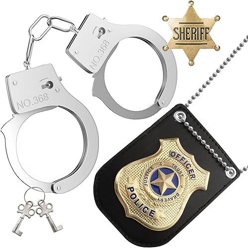 AUUABEARONN Esposas de juguete de policía e insignia del sheriff, juego de juguetes de simulación de policía, esposas de cosplay para niños y niñas,