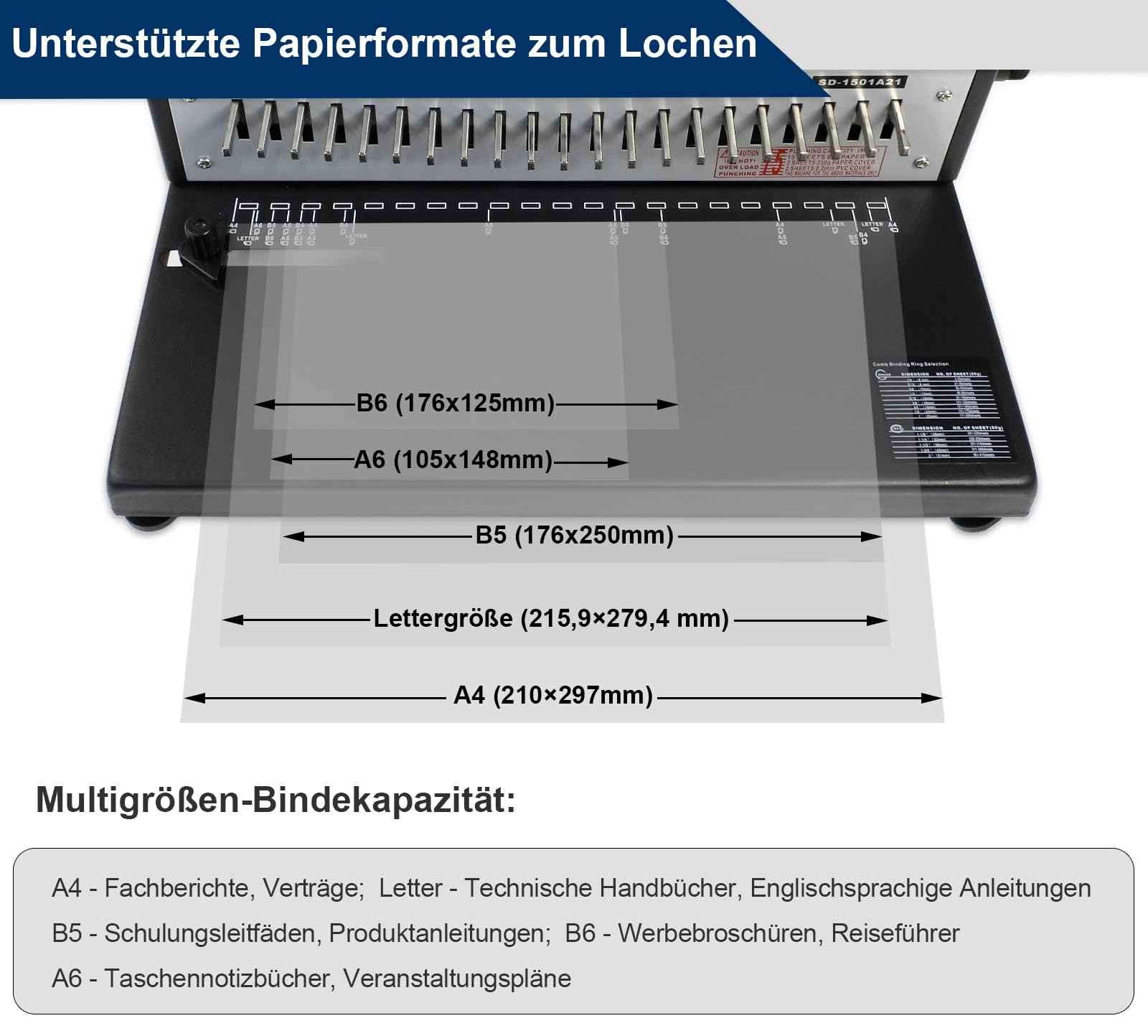 RAYSON Plastik-Bindekamm Bindegerät, 21 Löcher, Bindet 200 Blatt, SD-1501A21 | 21 herausnehmbare Stanzmesser, Robuste Metallkonstruktion