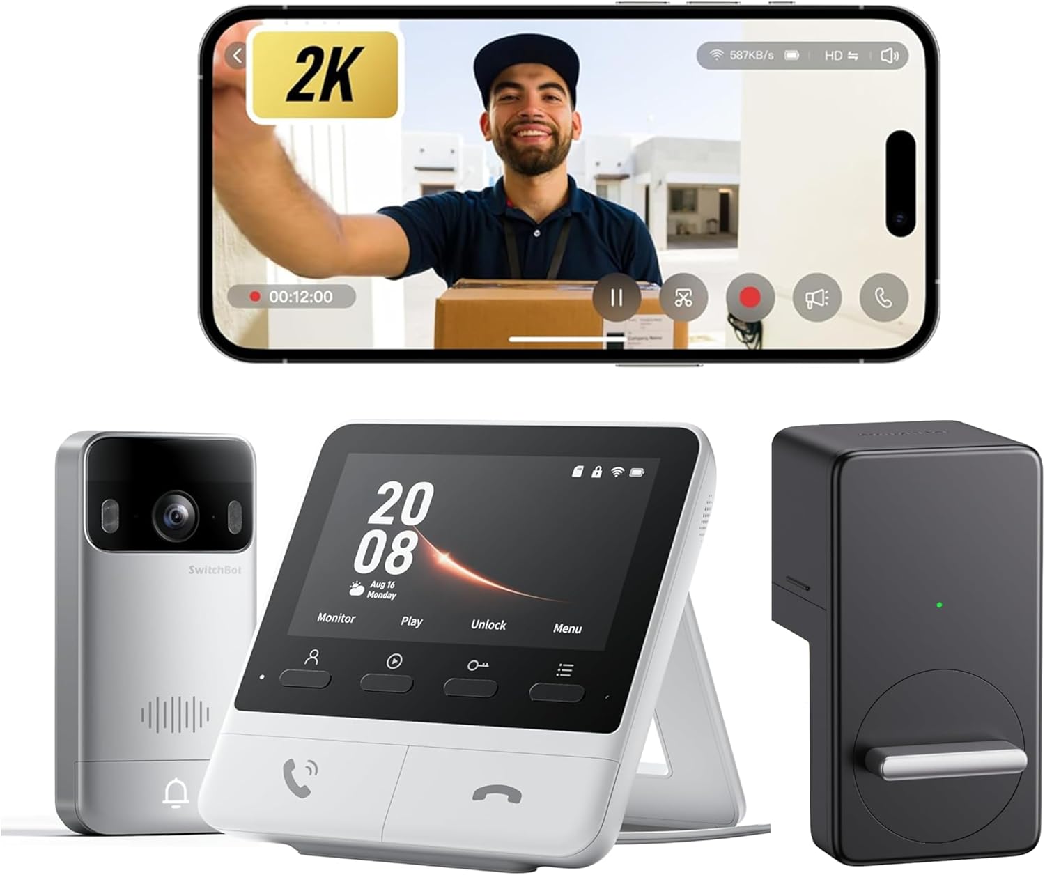 SwitchBot Video Doorbell Camera Wireless with Monitor with Lock, No Subscription, 4.3 Inch Screen, Head-to-Toe View, 2K FHD, 2-Way Audio, Motion Detection, Compatible with Alexa/Goole/Home Assistant