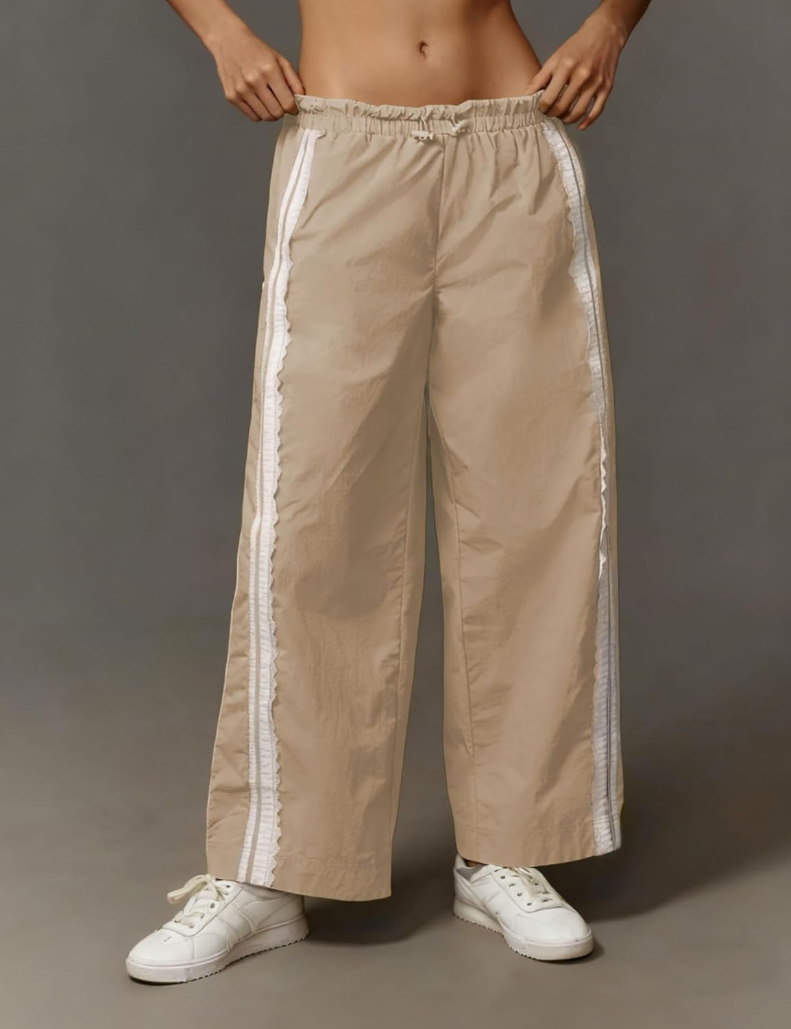 Women Baggy Track Pants Lace Side Stripe Drawstring Elastic Waist Wide Leg Parachute Pants with Pockets - Image 2