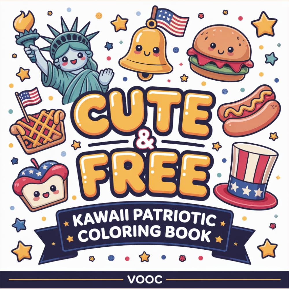Cute and Free: Kawaii Patriotic Coloring Book Featuring Adorable American Icons, Landmarks, and 4th of July Scenes - Relaxing Gift for Independence Day