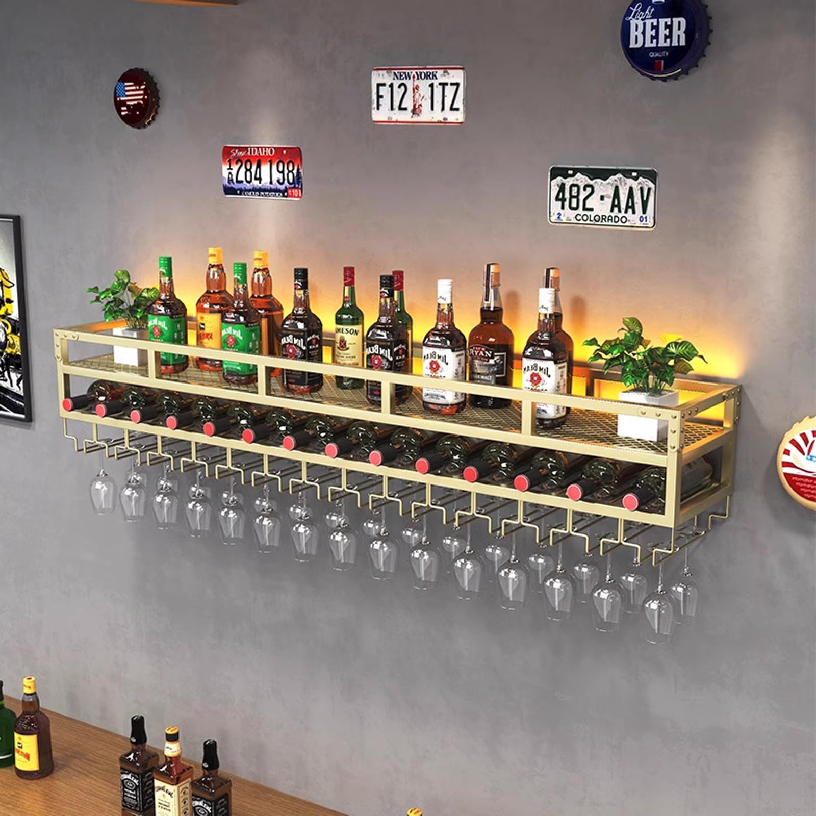 Portabottiglie da parete con supporto in vetro per bar di casa | Mensola a muro in ferro rinforzato con fessure per appendere oggetti, ideale per ristoranti, caffè e bar(gold,120cm/47.2")