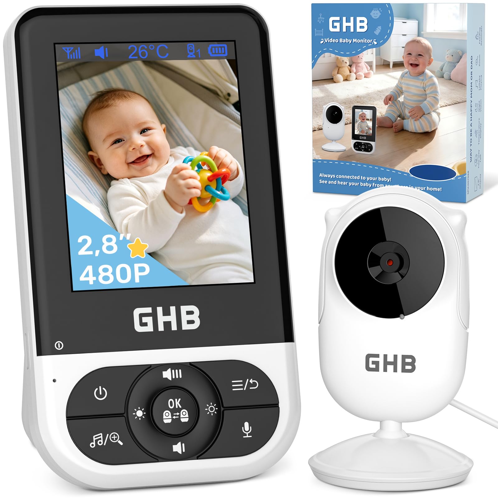GHB Babyphone Camera Bebe Surveillance sans WiFi VOX Vision Nocturne Noir