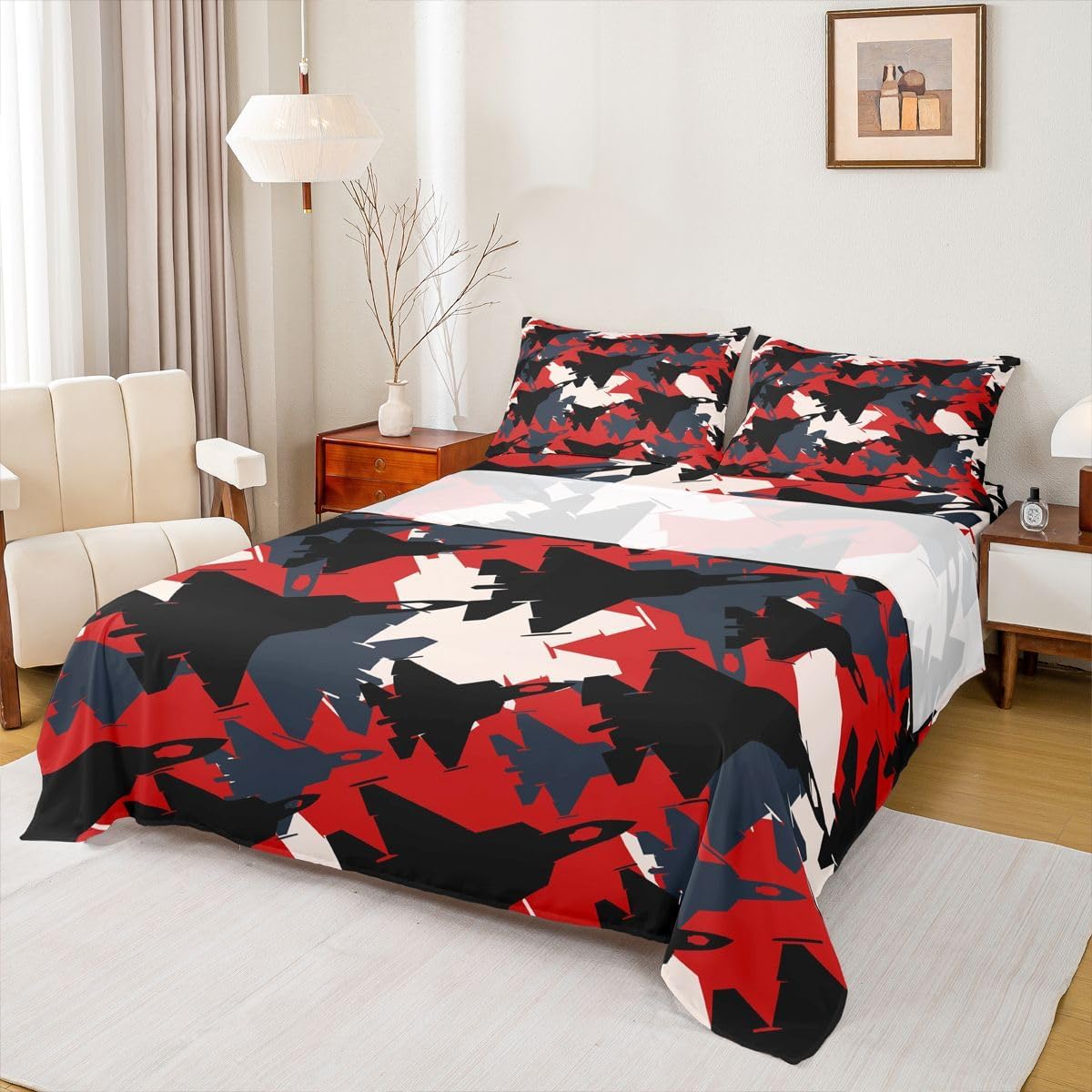 Red Black Camo Queen Bed Bedding Set - Airplane Silhouette - Deep Pocket Sheets, Fitted & Flat - Modern Geometric Abstract Camo - 4pcs