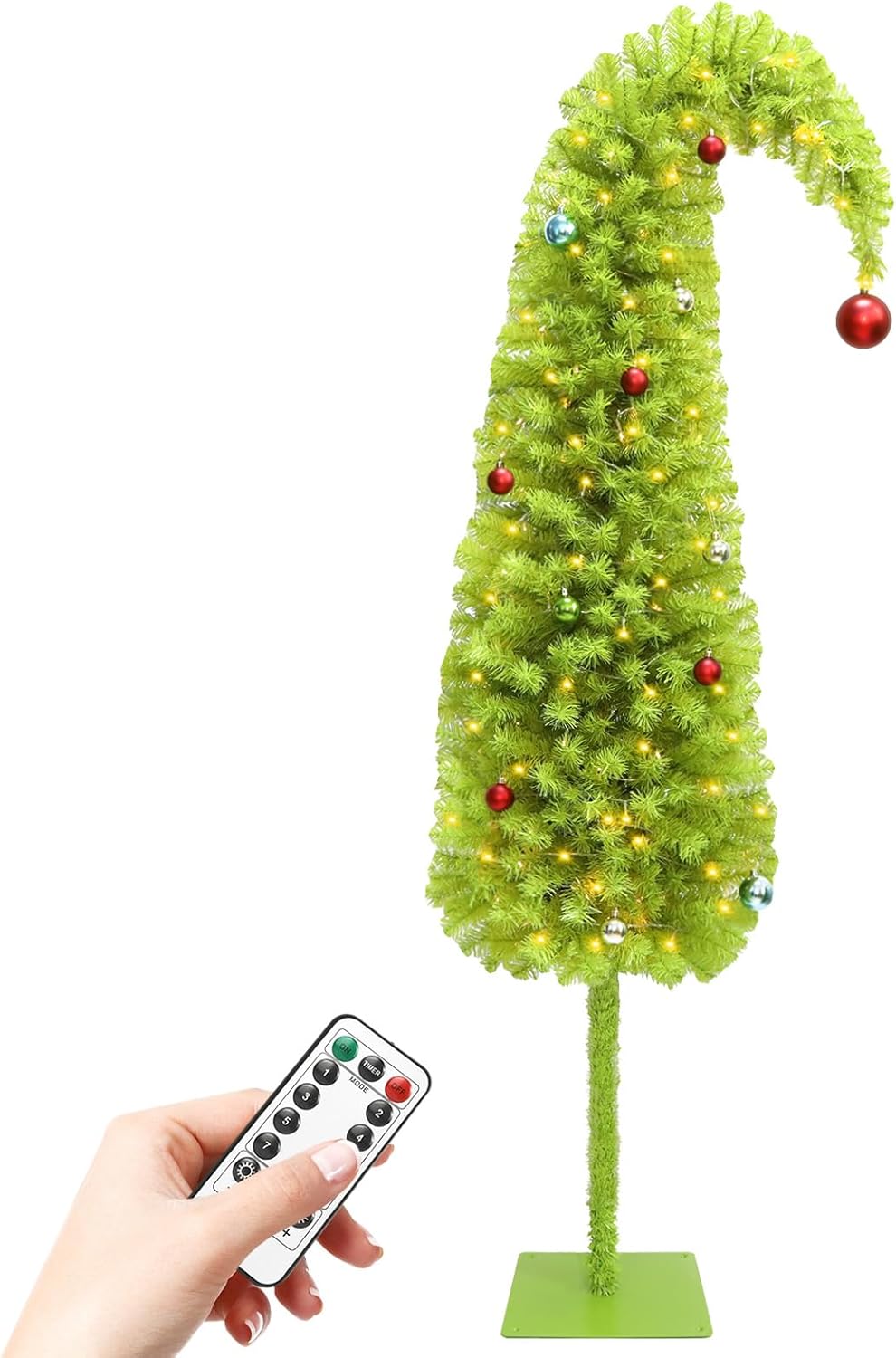 HMASYO 6ft Whimsical Artificial Christmas Tree with 150 LED Timer Lights, Lime Green Bendable Christmas Tree with Ball Ornaments & Metal Base Holiday Decor for Home, Office, Party, Easy Assembly