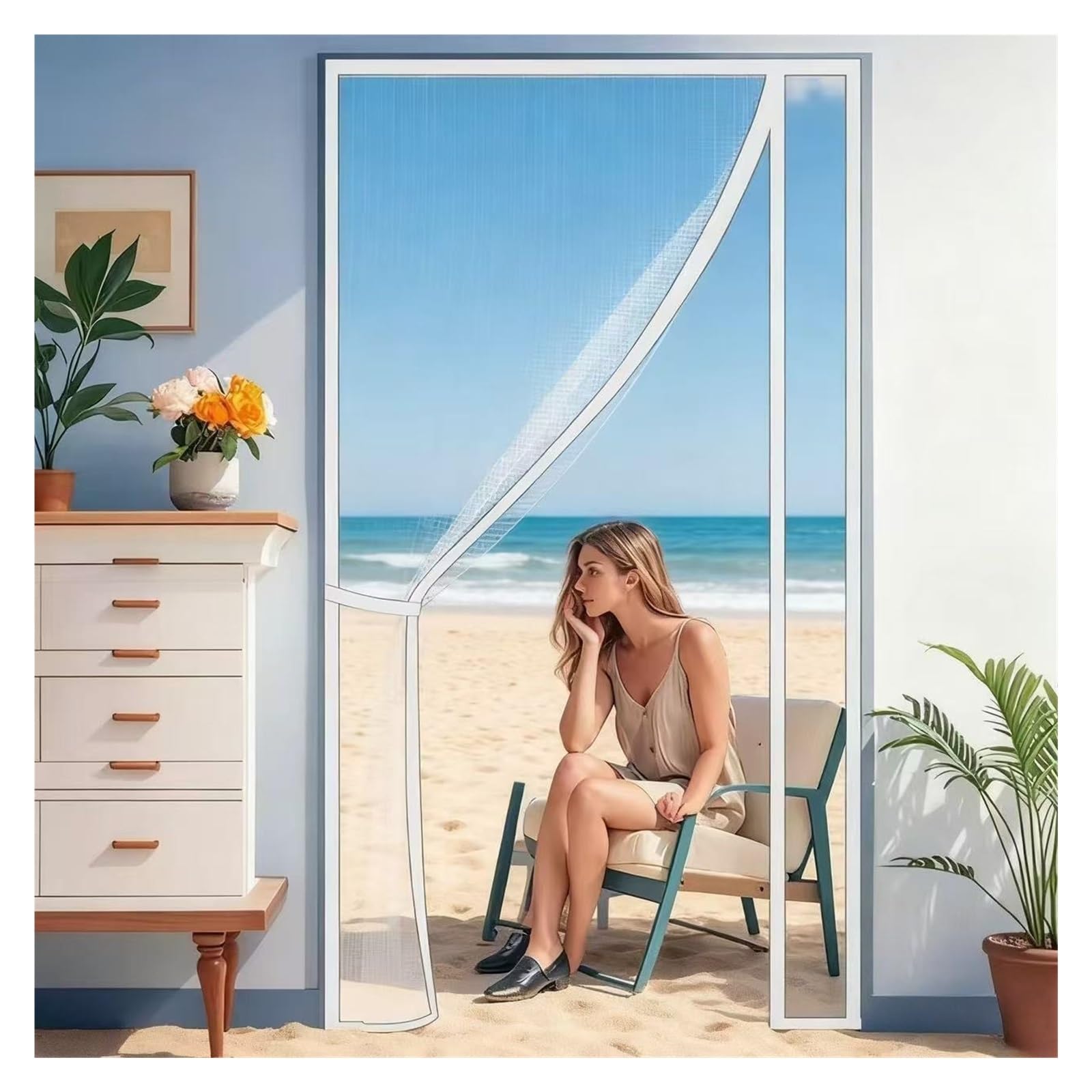 Moustiquaire magnétique ajustable blanche toile invisible porte fenêtre 70x205